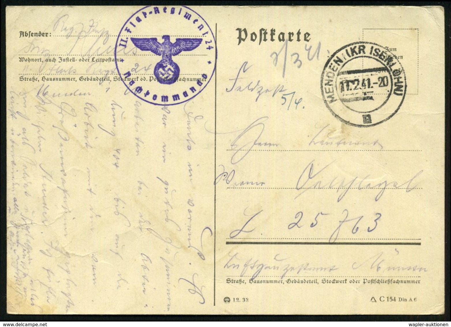 1941 (11.2.) MENDEN (KR ISERLOHN), 2K-Steg + Briefstempel: II. Flak-Regiment 24, Nachkommando, Feldpostkarte An Fp.-Nr.  - Sonstige & Ohne Zuordnung