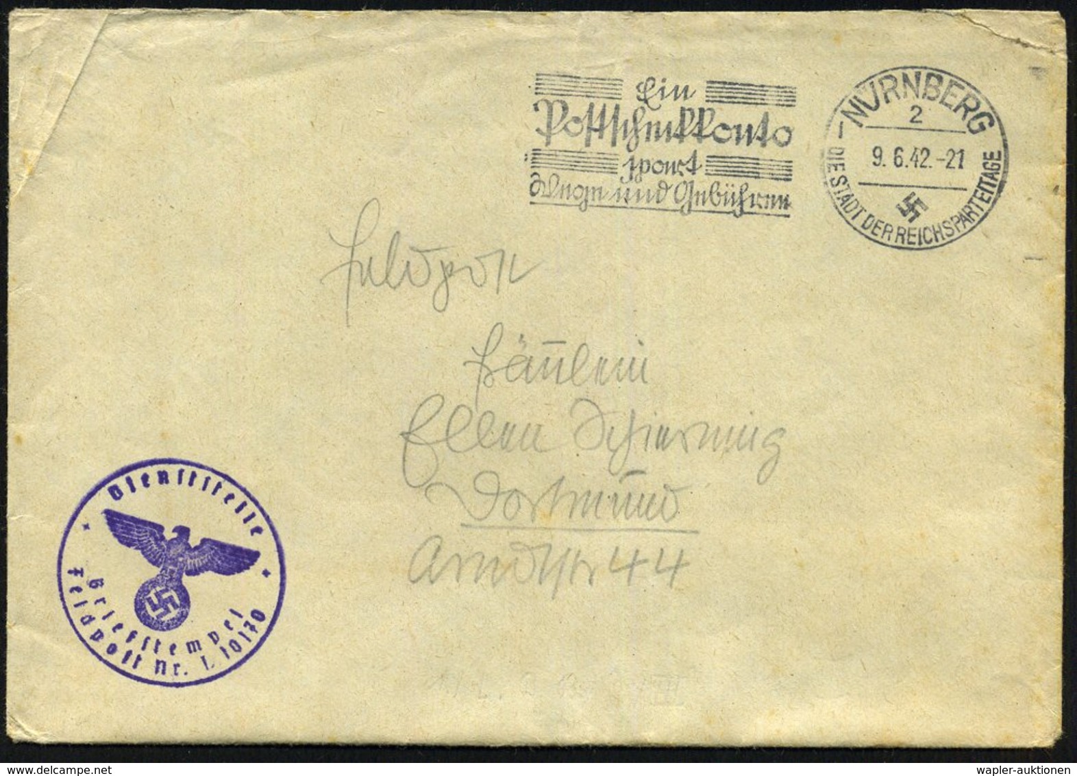 1942 (9.6.) NÜRNBERG 2, Maschinen-Werbestempel (Postscheckkonto) + Briefstempel: Feldpost Nr. L 10 170 = 1./  Luftwaffen - Other & Unclassified