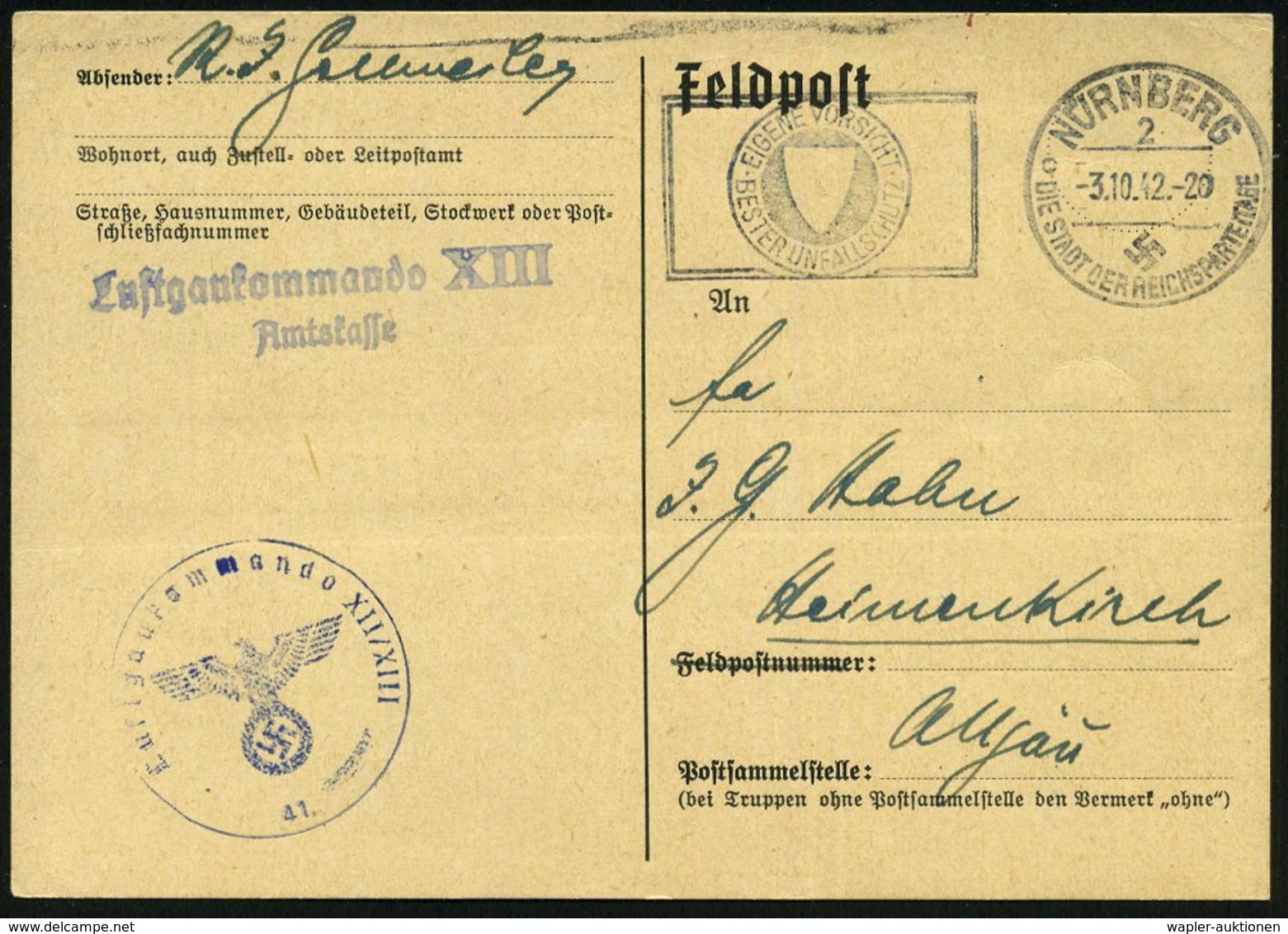 1942 (3.10.) NÜRNBERG 2, Maschinen-Werbestempel (Unfallverhütung) + Briefstempel: Luftgaukommando XII-XIII/ 41. + 2L: Lu - Other & Unclassified