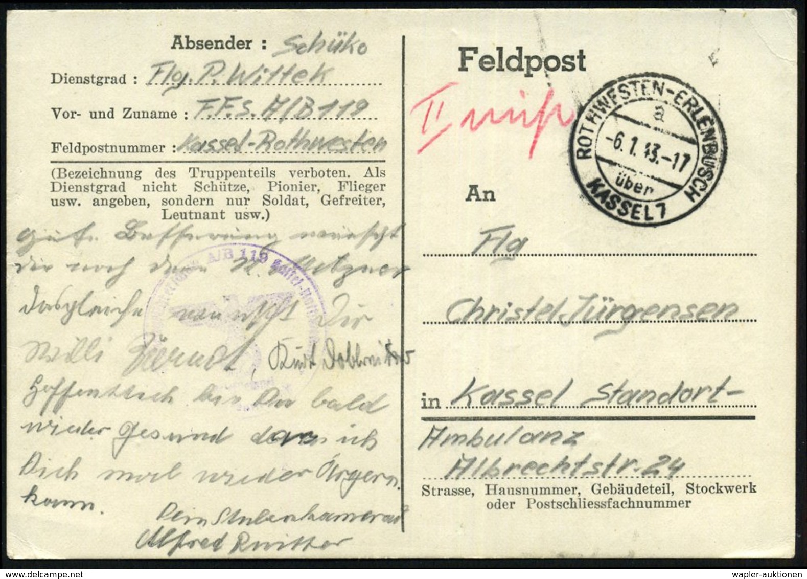 1943 (6.1.) ROTHWESTEN-ERLENBUSCH über KASSEL 7, 2K-Steg = PSt.I + (undeutl.) Briefstempel + Hs. Abs.: Flugzeug-Führersc - Other & Unclassified