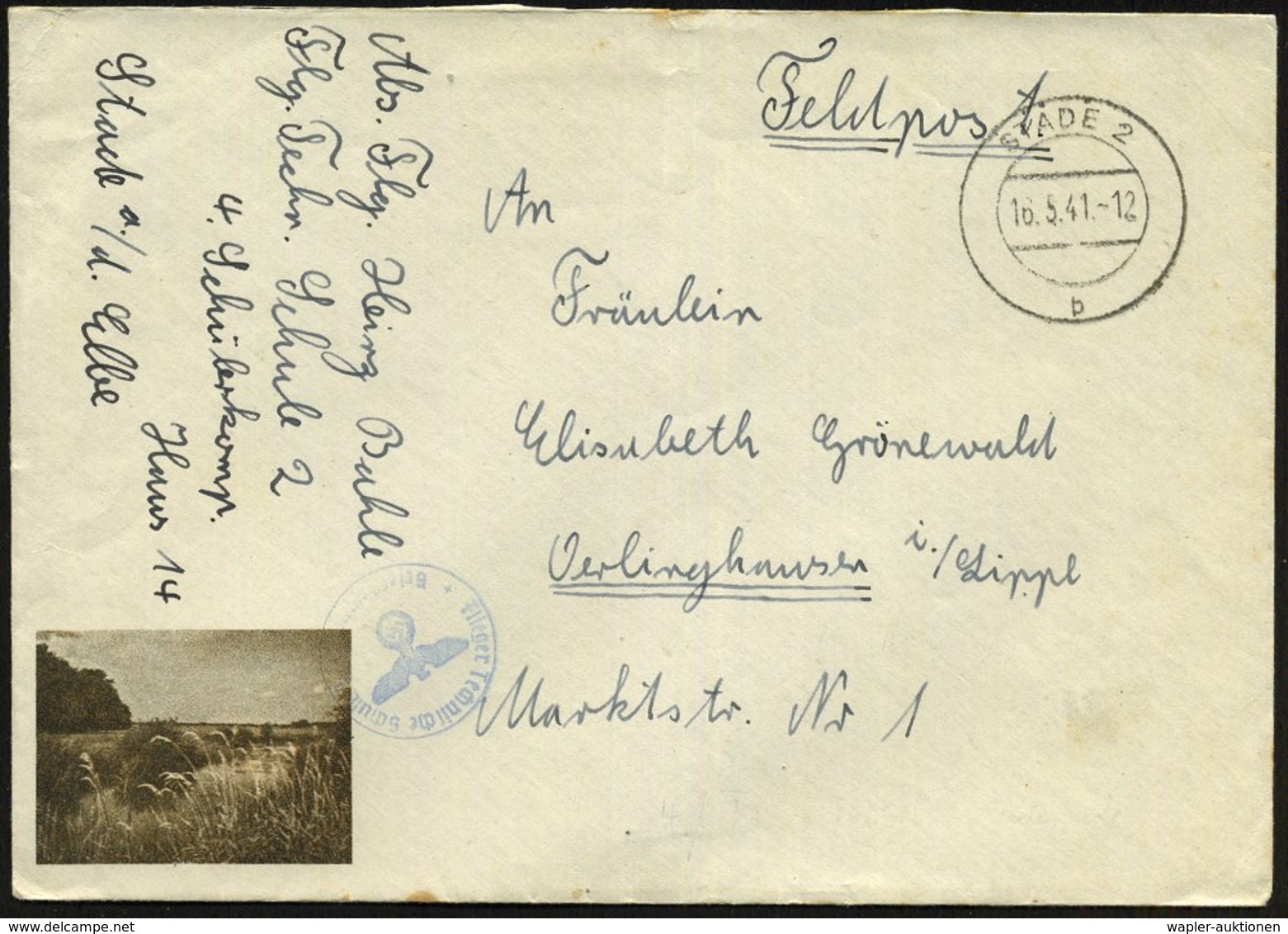 1941 (16.5.) STADE 2, 2K-Steg + Kleiner Briefstempel + Hs. Abs.: Flieger Technische Schule 2 (Bf. Schwache Falte), Feldp - Other & Unclassified
