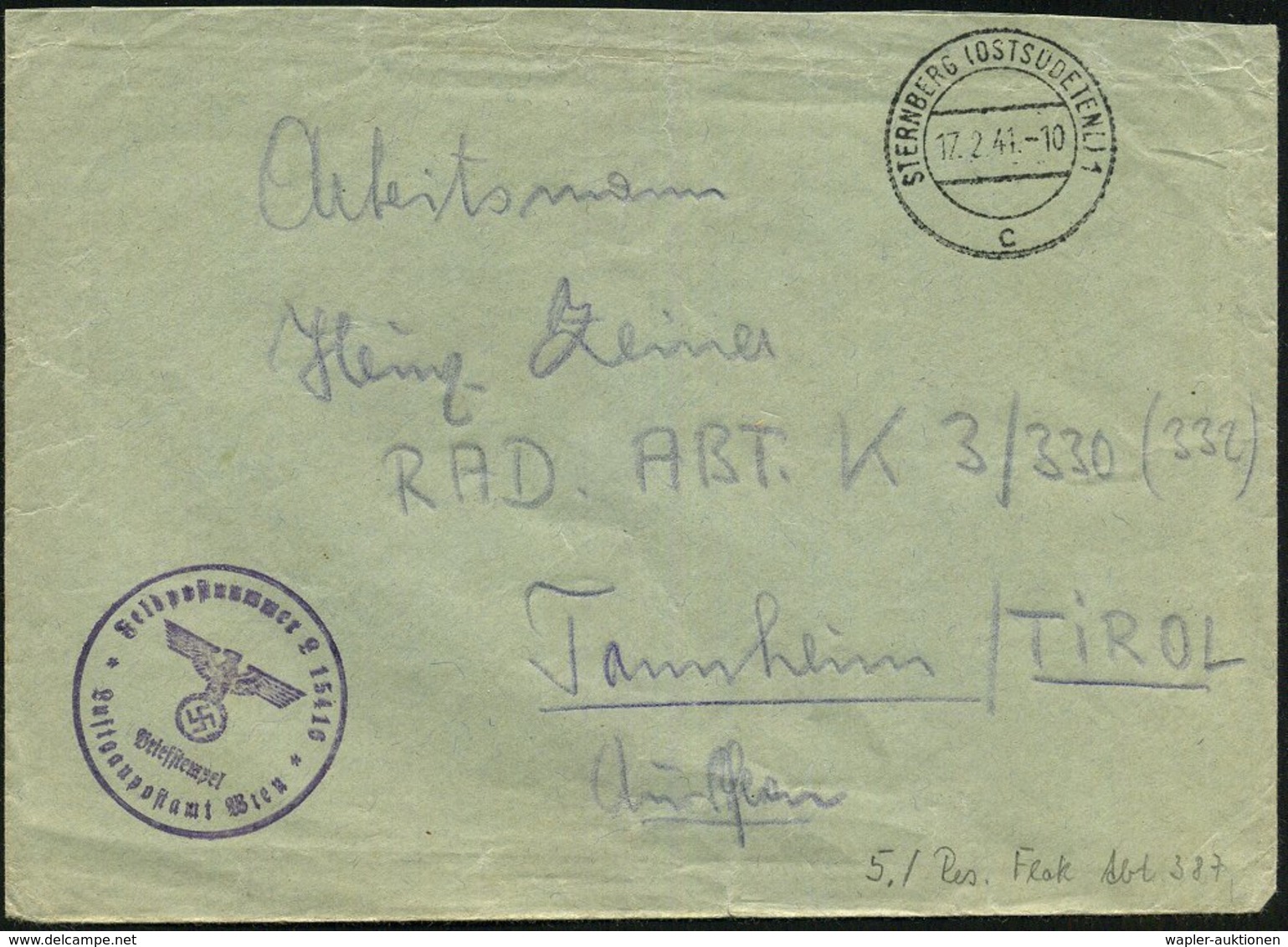 1941 (17.2.) STERNBERG (OSTSUDETENLAND) 1, 2K-Steg + Briefstempel Feldpost-Nr. L 15416 = 5./  Res.-Flak Abt. 387, Feldpo - Other & Unclassified