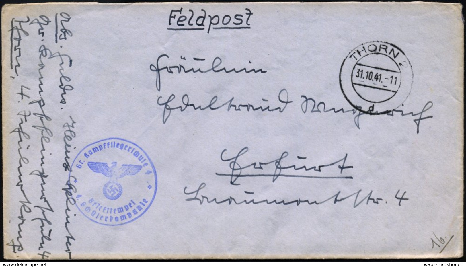 1941 (31.10.) THORN 2, 2K-Steg + Briefstempel: Gr. Kampffliegerschule 4, 4. Schülerkompanie + Hs. Abs., Feldpostbrief N. - Autres & Non Classés