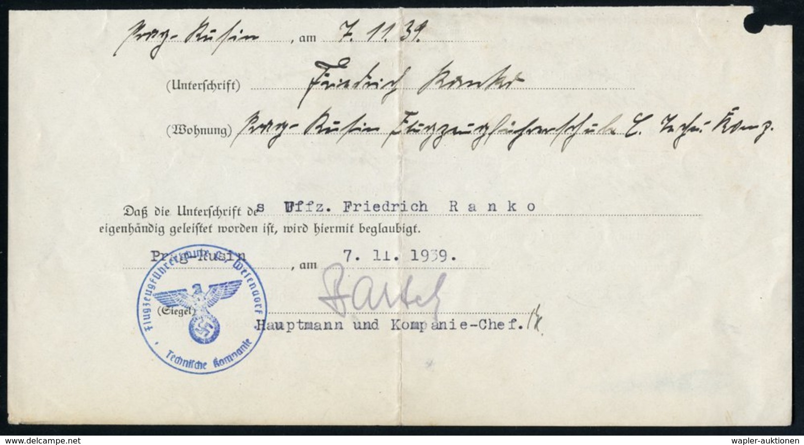 1939 (7.11.) Wesendorf, Blauer Briefstempel: Flugzeugführerschule C., Wesendorf, Techn. Kompanie Auf Dokumentenabschnitt - Sonstige & Ohne Zuordnung