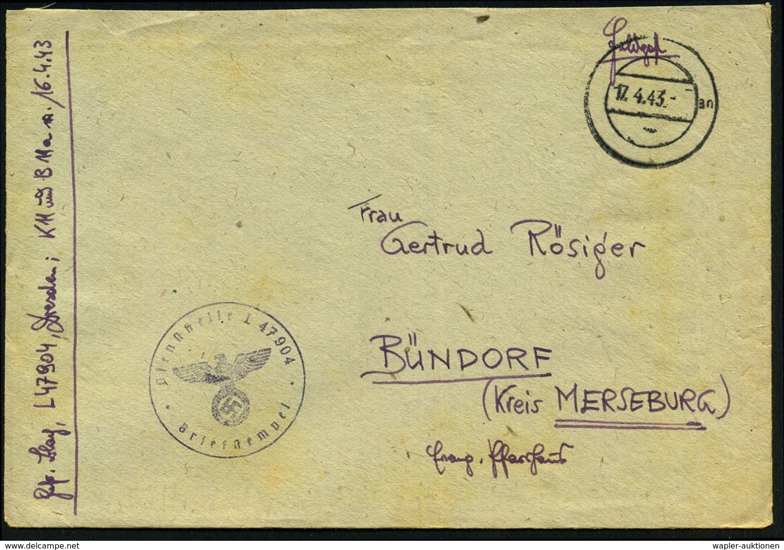 1943 (17.4.) DEUTSCHES REICH, Stummer 2K-Steg = Tarnstempel + Briefstempel Feldpostnr. L 47 904 = 4. Battr. Luftsperr-Ab - Other & Unclassified