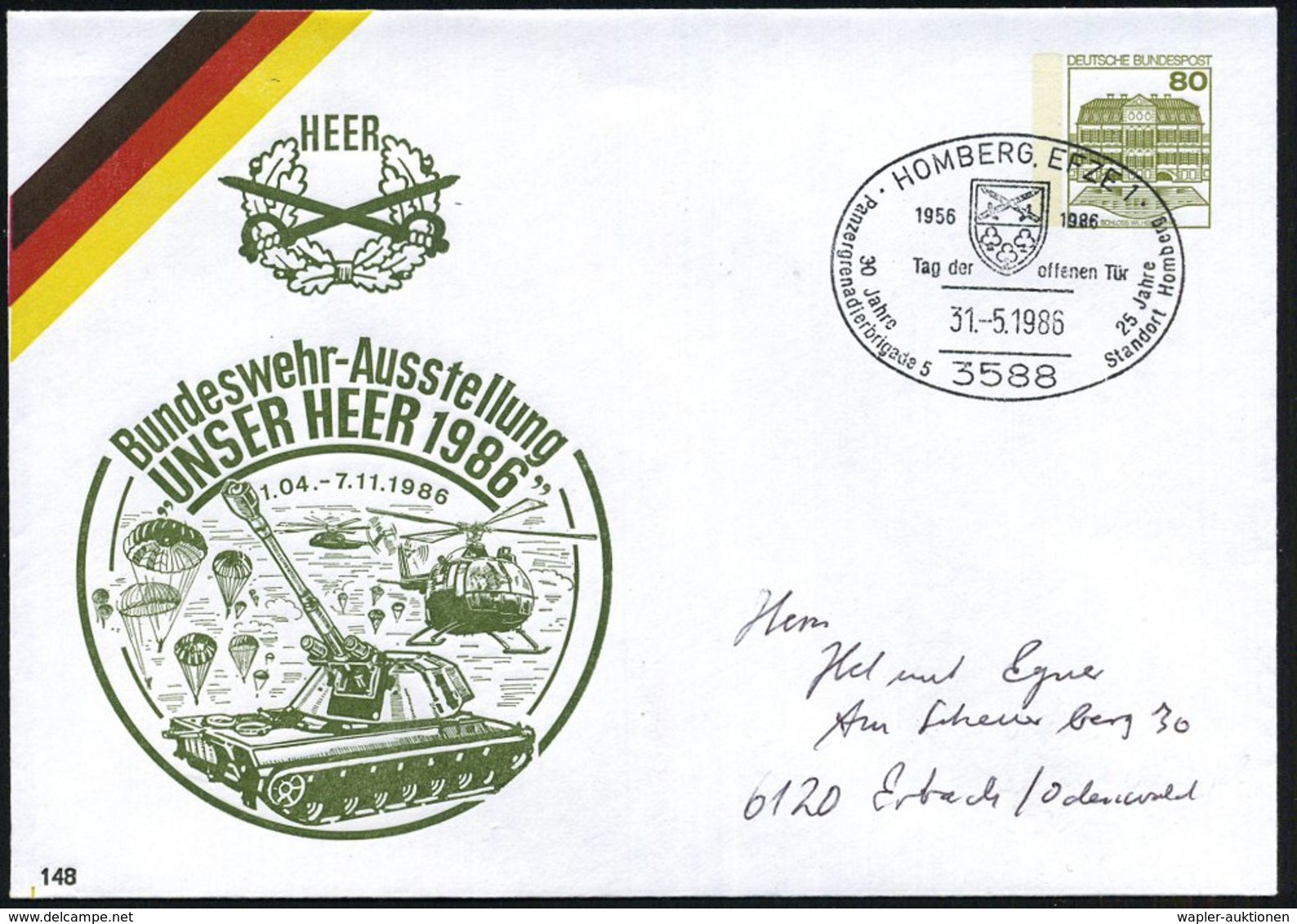 1986 (31.5.) 3588 HOMBERG, EFZE 1, PU 80 Pf. Burgen: Bundeswehr-Ausstellung UNSER HEER 1986 = Fallschirmjäger, Panzerhau - Other & Unclassified