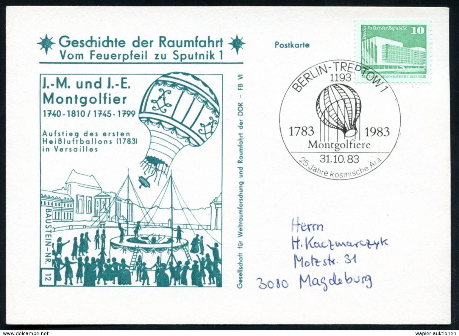 1983 (31.10.) 1193 BERLIN-TREPTOW 1, Sonderstempel: 1783 Montgolfiere 1983 (Heißluft-Ballon) Auf Sonderkarte - Ballon &  - Other & Unclassified