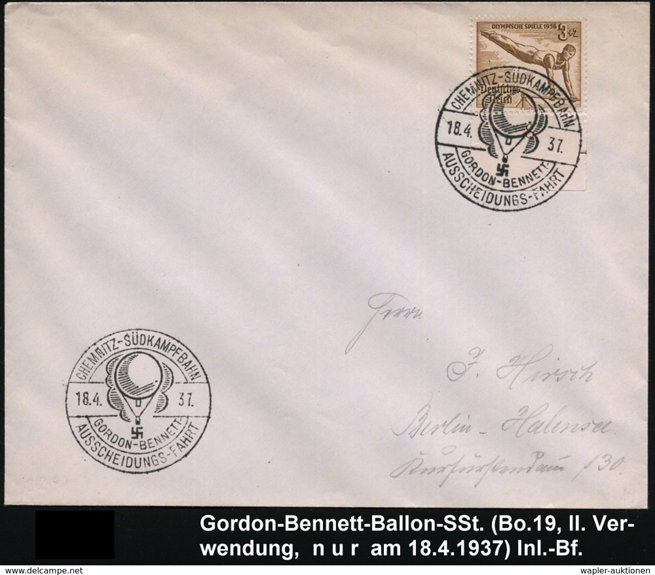 1937 (18.4.) CHEMNITZ-SÜDKAMPFBAHN, Sonderstempel: GORDON-BENNETT AUSSCHEIDUNGS-FAHRT (Ballon) Fernbrief Mit Olympia-Fra - Other & Unclassified