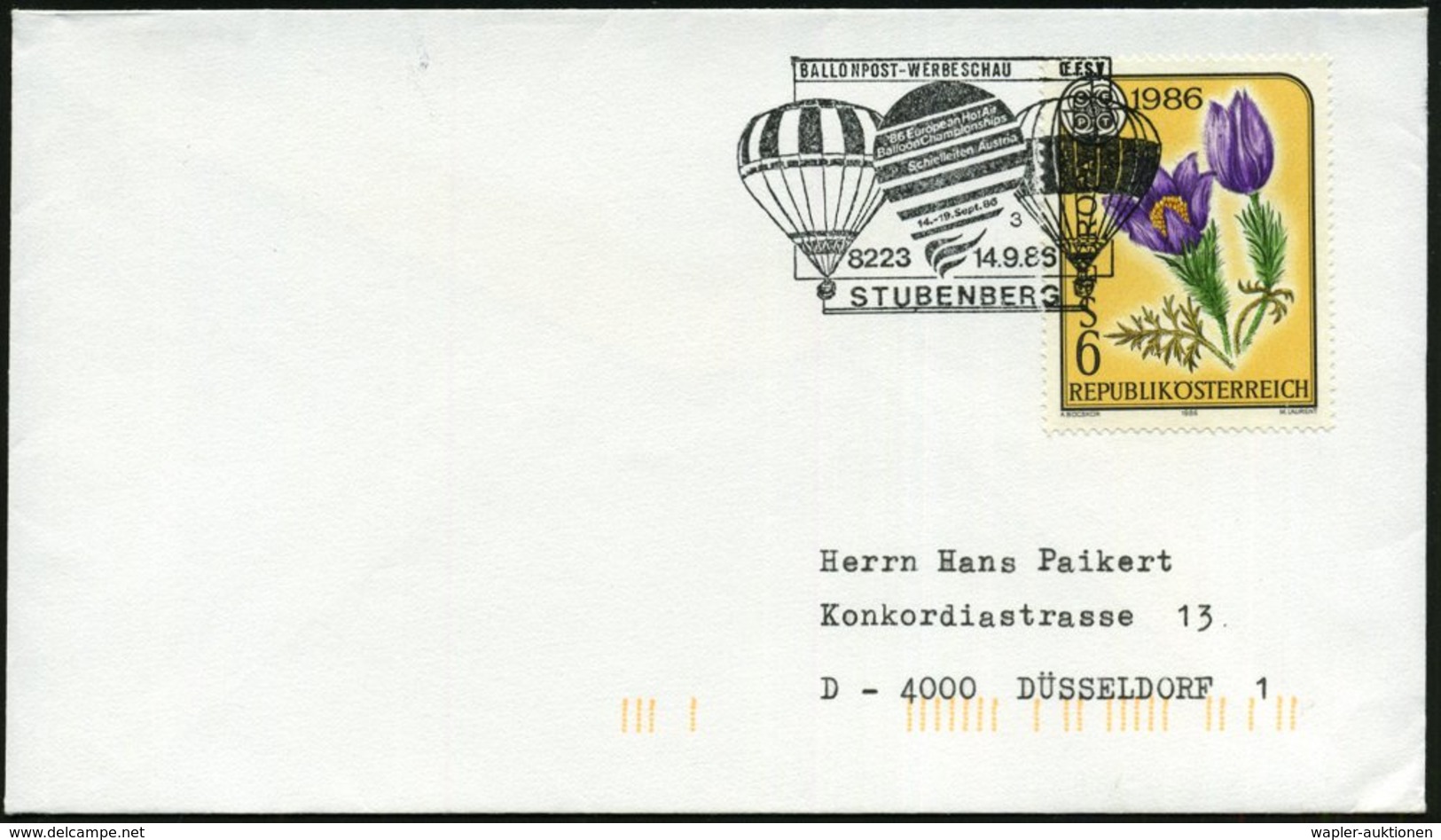 1986 (14.9./19.9.) ÖSTERREICH, 2 Verschiedene Sonderstempel: 8223 STUBENBERG Bzw. 8010 GRAZ BALLONPOST-WERBESCHAU, Je Au - Other & Unclassified