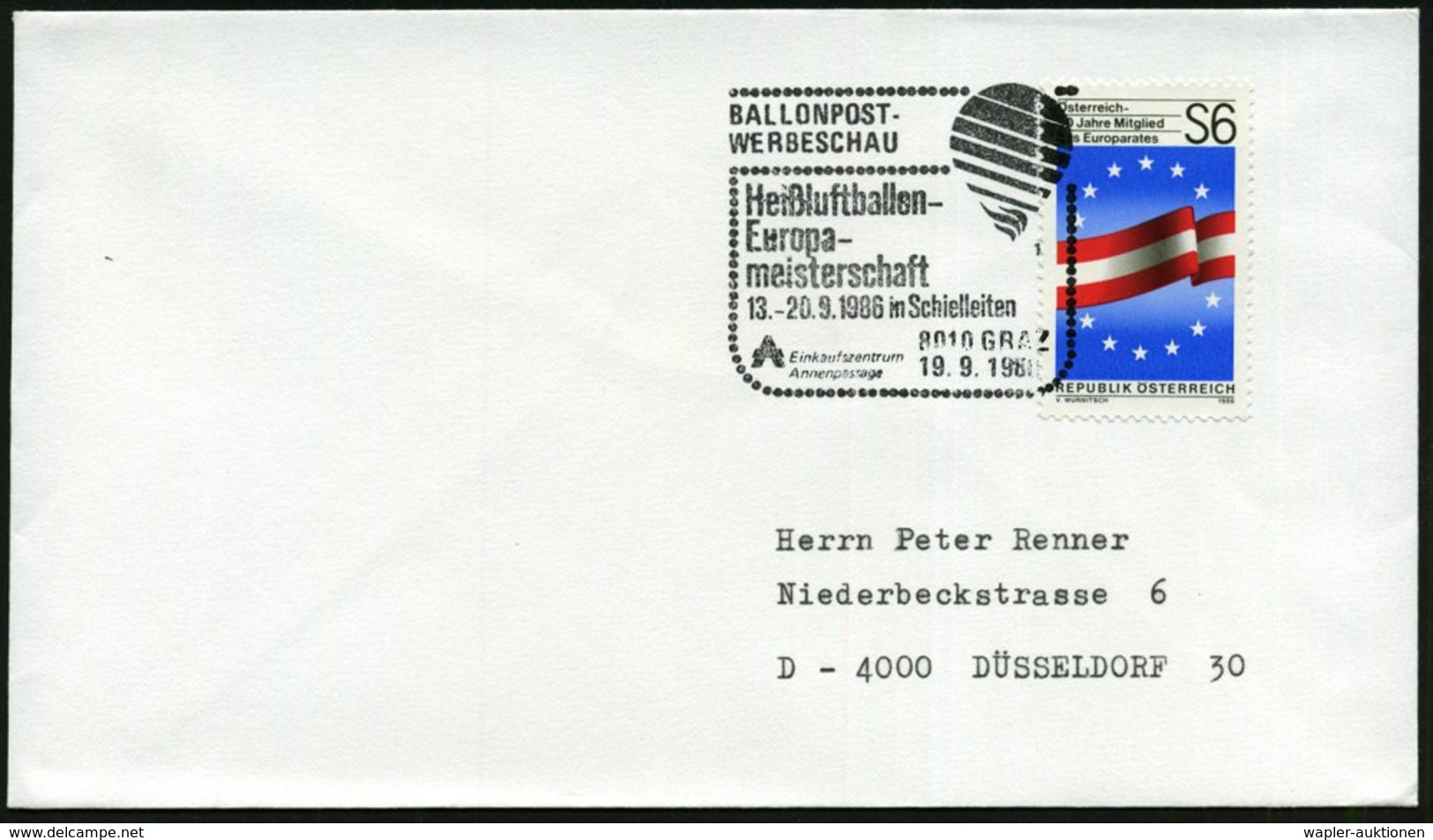 1986 (14.9./19.9.) ÖSTERREICH, 2 Verschiedene Sonderstempel: 8223 STUBENBERG Bzw. 8010 GRAZ BALLONPOST-WERBESCHAU, Je Au - Other & Unclassified