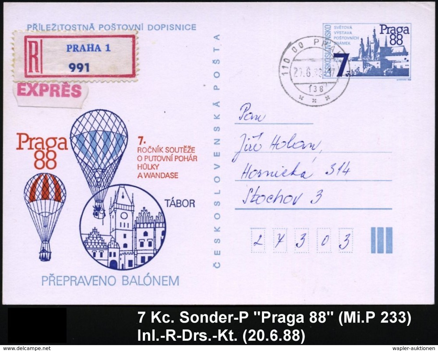 1988 TSCHECHOSLOWAKEI, 7 Kc. Sonder-Ganzsache "Praga 88" Mit 2 Freiballonen Etc., RZ: PRAHA 1, Inl.-R-Karte (Mi.P 233) - - Other & Unclassified