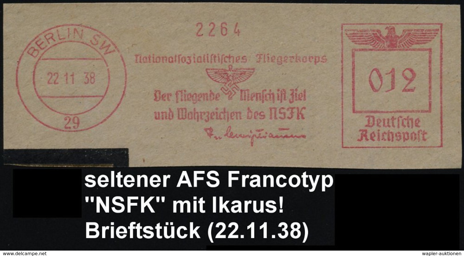 1938 (22.11.) BERLIN SW 29, Seltener Absender-Freistempel: NS Fliegerkorps.. NSFK = Ikarus Mit Hakenkreuz, Kleines Brief - Altri & Non Classificati