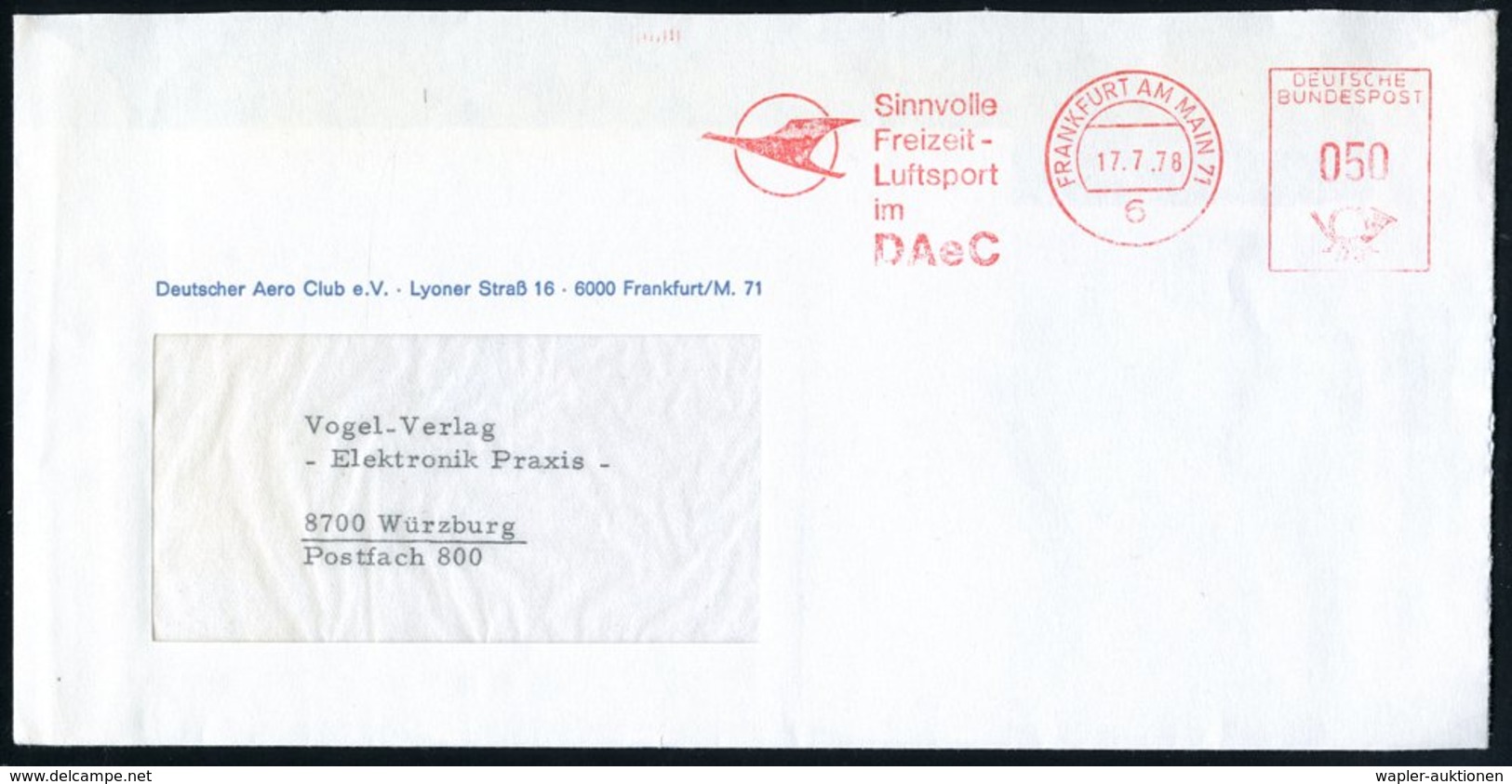 1978 (17.7.) 6 FRANKFURT AM MAIN 71, Absender-Freistempel (einstelige PLZ): DAeC = Deutscher Aero Club (Fluglogo) Fernbr - Sonstige & Ohne Zuordnung