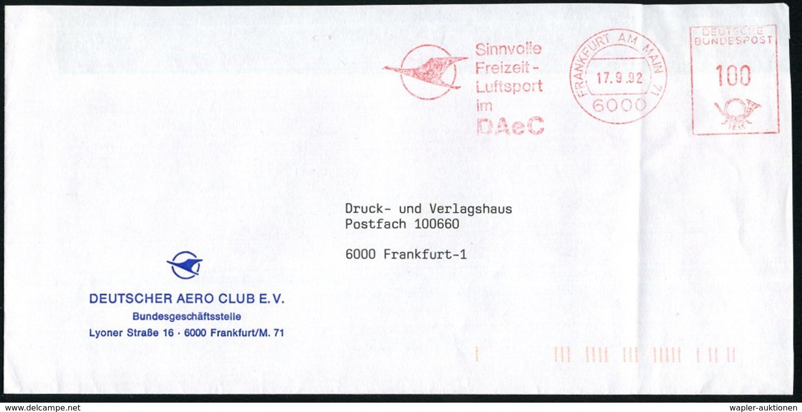 1992 (17.9.) 6000 FRANKFURT AM MAIN 71, Absender-Freistempel (vierstellige PLZ): DAeC = Deutscher Aero Club (Fluglogo) M - Other & Unclassified