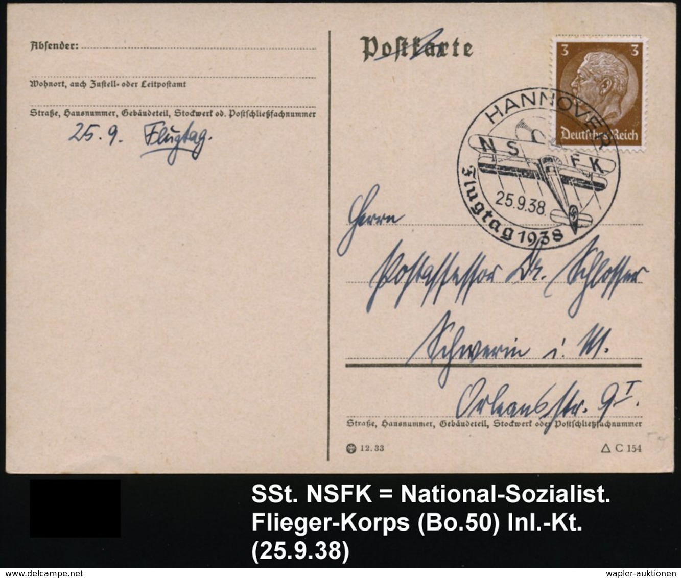 1938 (25.9.) HANNOVER, Sonderstempel NSFK Flugtag = N(ational)-S(ozialist.) F(lieger)-K(orps) = Sportfluzeug, Inl.-Karte - Other & Unclassified