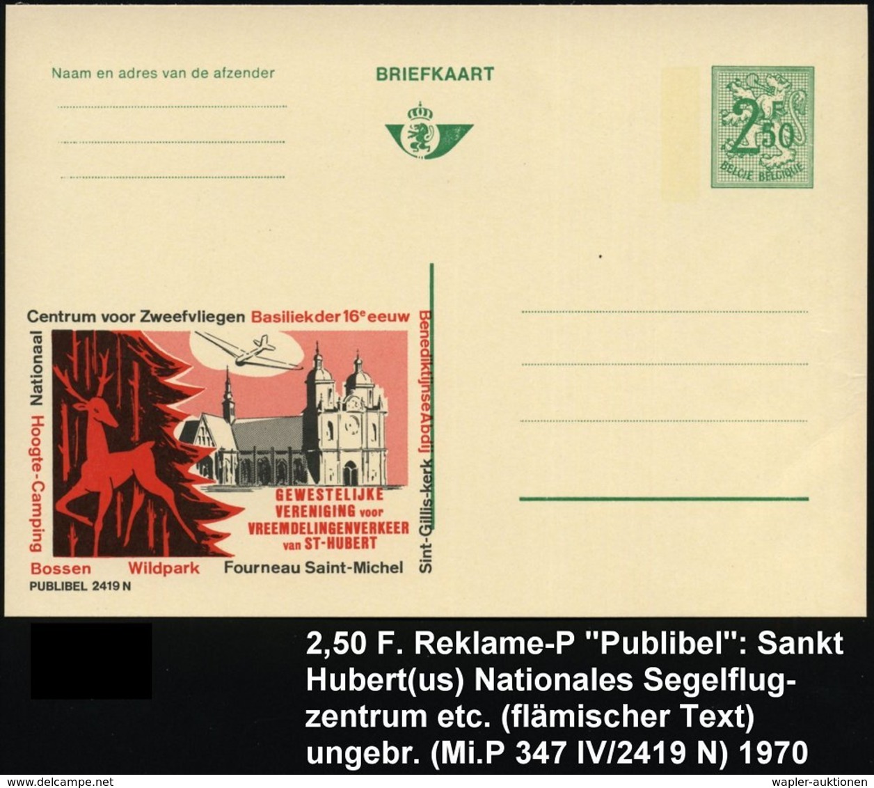 1970 BELGIEN, 2,50 F. Publibel-Ganzsache: Nationaal Centrum Voor Zweefvliegen.. = Segelflugzeug (u. Hirsch, Benediktiner - Sonstige & Ohne Zuordnung