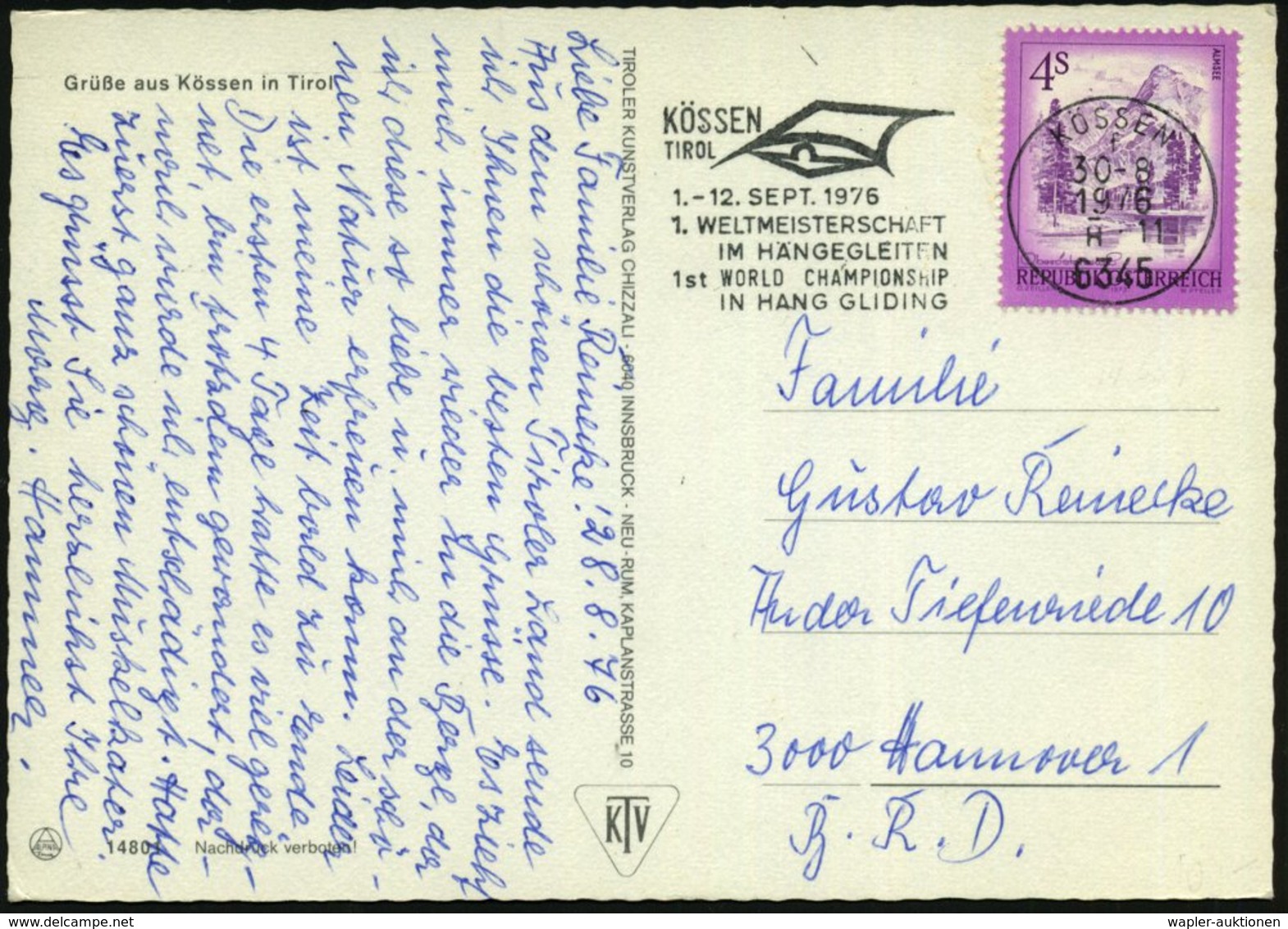 1975 (30.8.) ÖSTERREICH, Maschinen-Werbestempel: 6345 KÖSSEN; 1. WELTMEISTERSCHAFT IM HÄNGEGLEITEN.., Ausl.-Ak.: Kössen  - Other & Unclassified