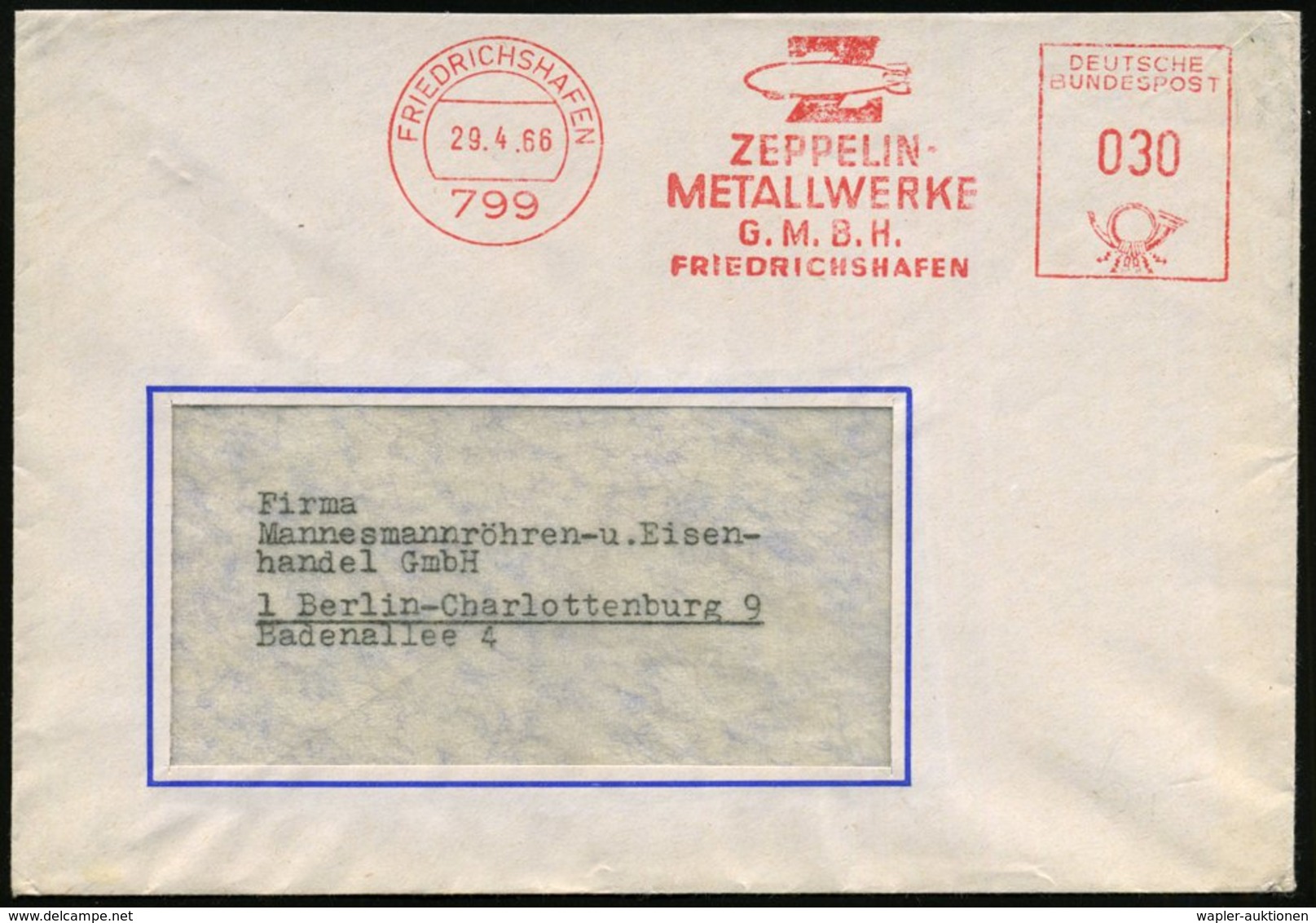 1966 (29.4.) 799 FRIEDRICHSHAFEN, Absender-Freistempel: ZEPPELIN-METALLWERKE GMBH = Zeppelin, Firmenbrief - Zeppelin-Mem - Autres & Non Classés