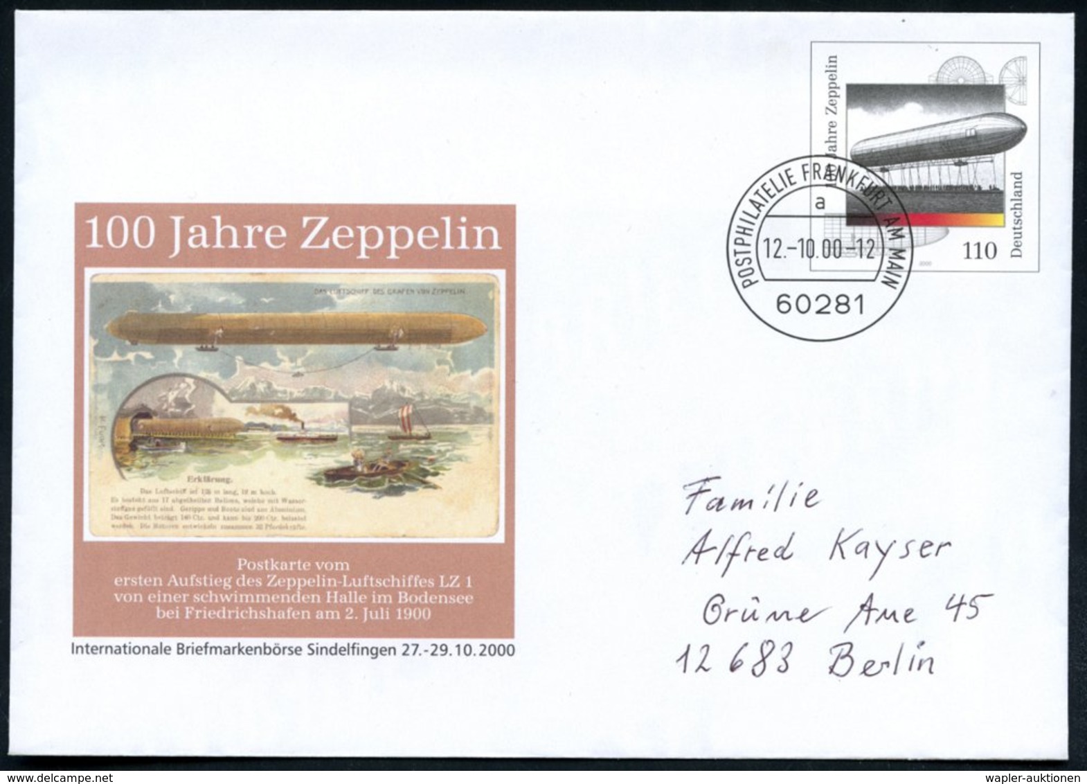 2000/01 B.R.D., 110 Pf. Sonder-Ganzsachenumschlag "100 Jahre Zeppelin" (Abb.: Zeppelin "Z 1") 1x Mit Ersttagsstempel (60 - Other & Unclassified