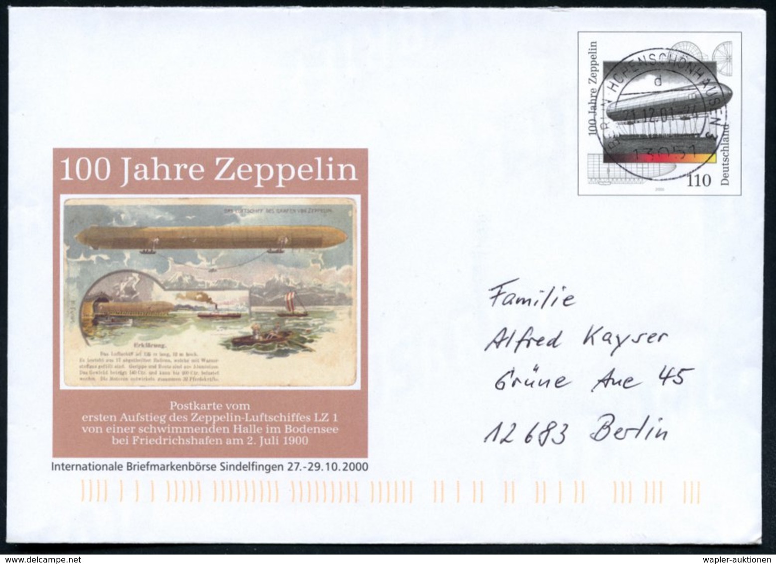 2000/01 B.R.D., 110 Pf. Sonder-Ganzsachenumschlag "100 Jahre Zeppelin" (Abb.: Zeppelin "Z 1") 1x Mit Ersttagsstempel (60 - Other & Unclassified