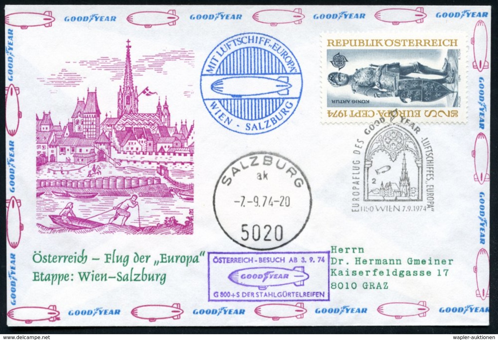 1974 (7.9.) ÖSTERREICH, Sonderstempel: 1150 WIEN, EUROPAFLUG DES GOODYEAR LUFTSCHIFFES "EUROPA" (Luftschiff über Stephan - Other & Unclassified