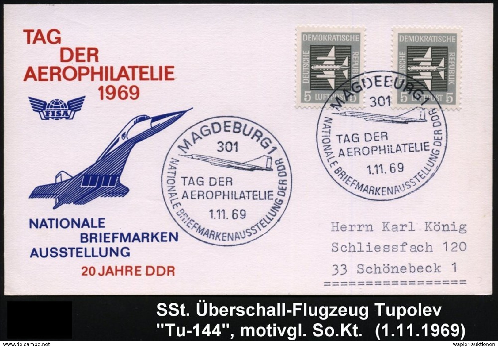 1969 (1.11.) 301 MAGDEBURG 1, Sonderstempel: Tag Der Aerophilatelie = Sowjet. Überschallflugzeug Tupolev "Tu 144", Motiv - Andere & Zonder Classificatie