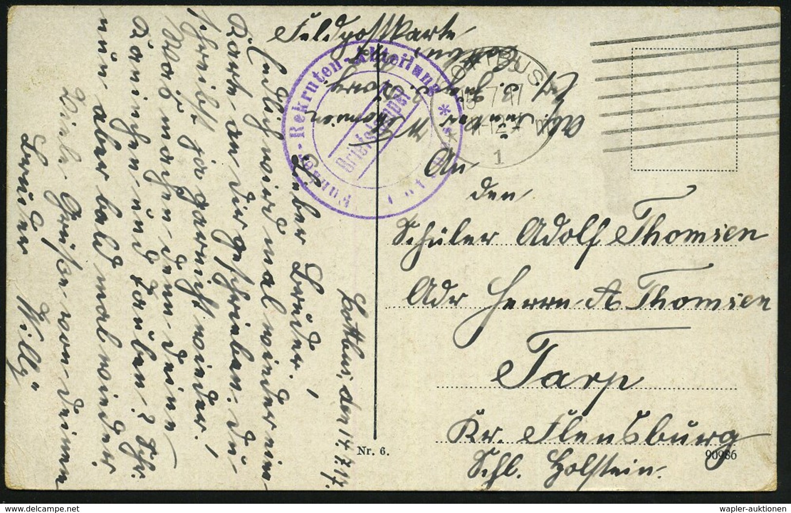 1917 (15.7.) COTTBUS 1, Maschinenstempel + Viol. Briefstempel: Funker-Rekruten-Abteilung Cottbus, Color-Feldpost-Ak. N.  - Other & Unclassified