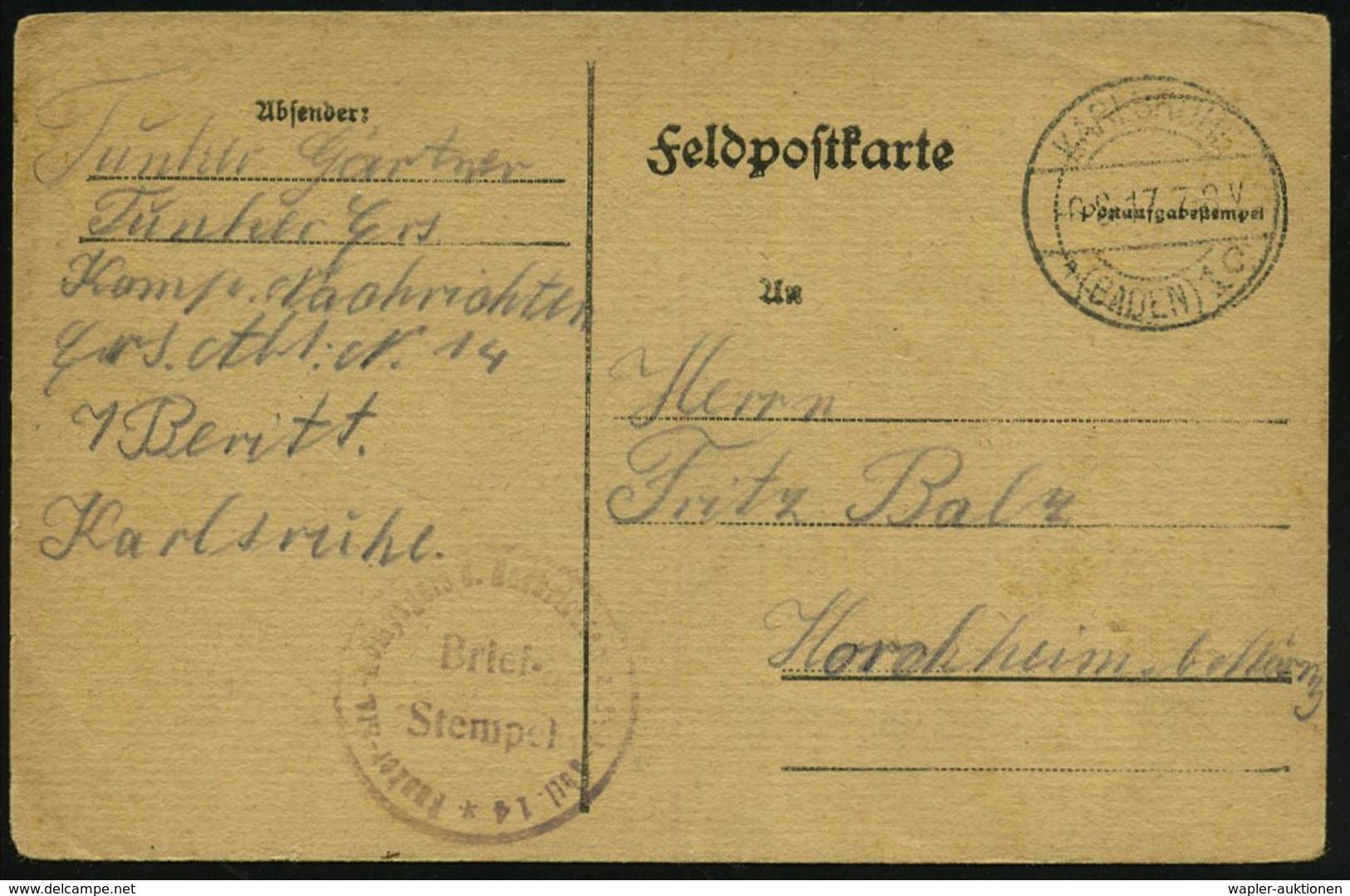 1917 (6.8.) KARLSRUHE 1, 1K-Brücke + Viol. Briefstempel: Funker-Res.-Kompagnie Nachrichten Ers. Abt.14, Feldpostkarte -  - Other & Unclassified