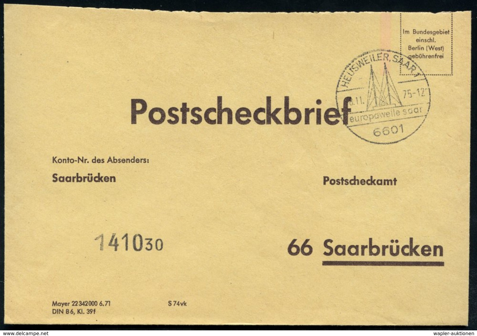1975 6601 HEUSWEILER 1, Hand-Werbestempel: Europawelle Saar (Sendemasten) Auf Markenlosem PSch-Brief (wie Immer Oben Kna - Other & Unclassified