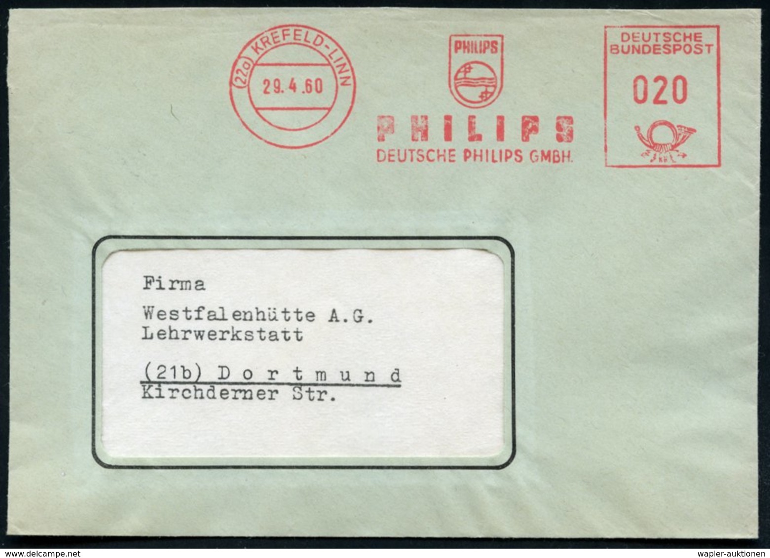 1960 (29.4.) (22 A) KREFELD-LINN, Absender-Freistempel: DEUTSCHE PHILIPS GMBH (Firmenlogo) Rs. Abs.-Vordruck (rs. Klappe - Other & Unclassified