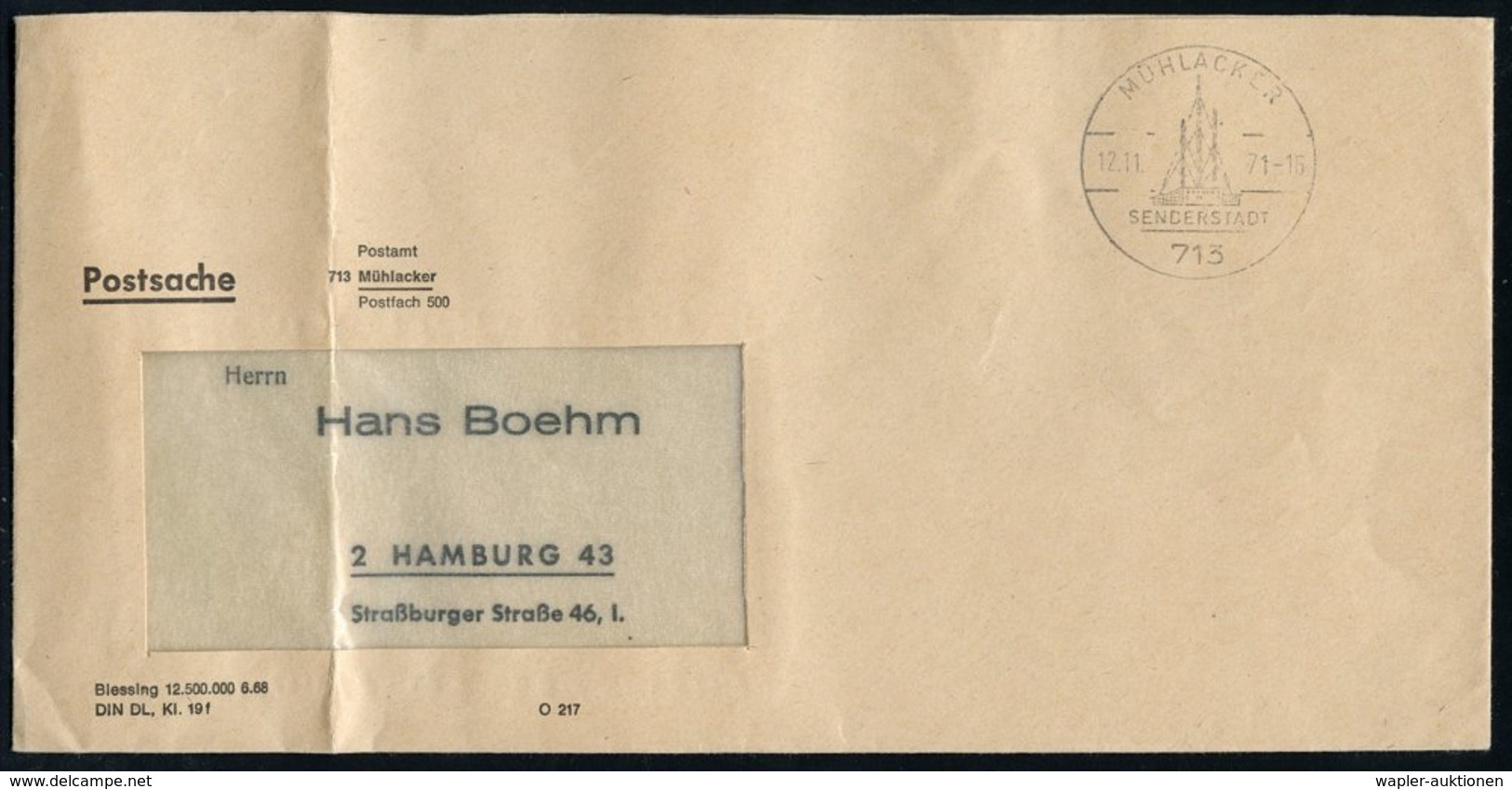 1971/72 713 MÜHLACKER 1, Hand- Bzw. Maschinen-Werbstempel; SENDERSTADT (je Sendemasten) 2 Markenlose Postdienstbriefe (j - Other & Unclassified