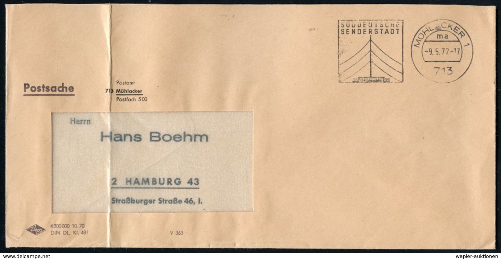 1971/72 713 MÜHLACKER 1, Hand- Bzw. Maschinen-Werbstempel; SENDERSTADT (je Sendemasten) 2 Markenlose Postdienstbriefe (j - Other & Unclassified