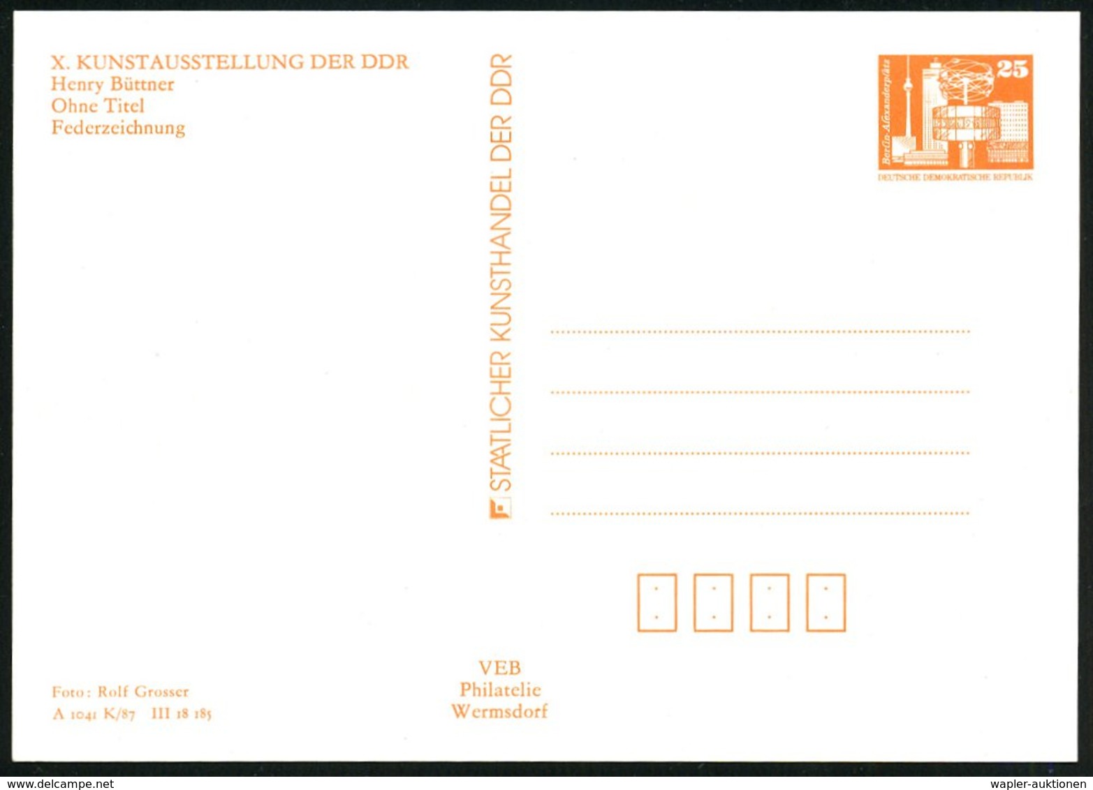 1987 D.D.R., PP 25 Pf. Palast Der Republik, Orange: X. Kunstausstellung Dresden = Humorist. Zeichnung Von Henry Büttner, - Other & Unclassified