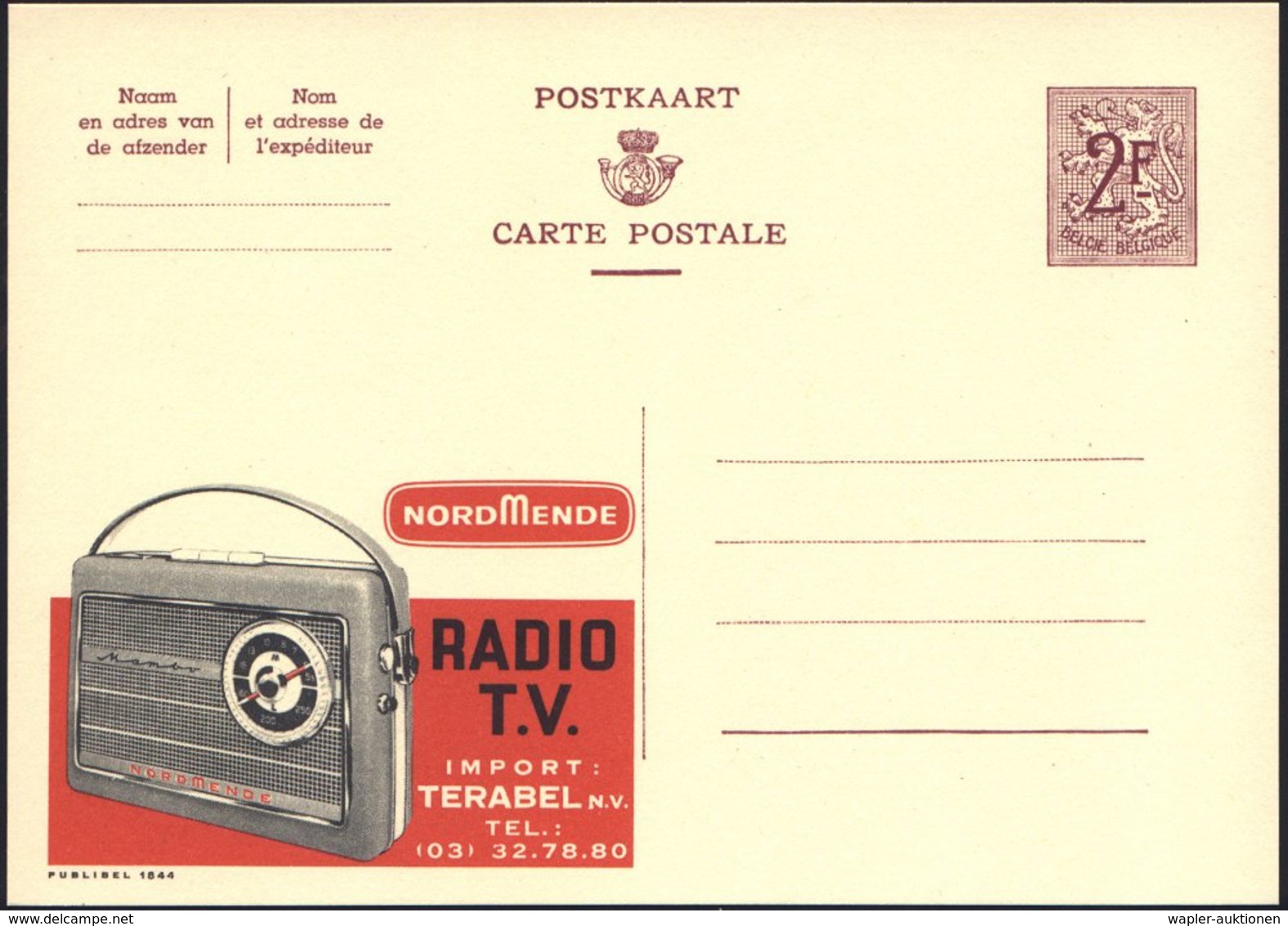 1952 BELGIEN, 1,20 F. Publibel-Ganzsache: NORDMENDE RADIO TV.. (Kofferradio), Ungebr. (Mi.P 319 II / 1844) - Radio & Fer - Autres & Non Classés