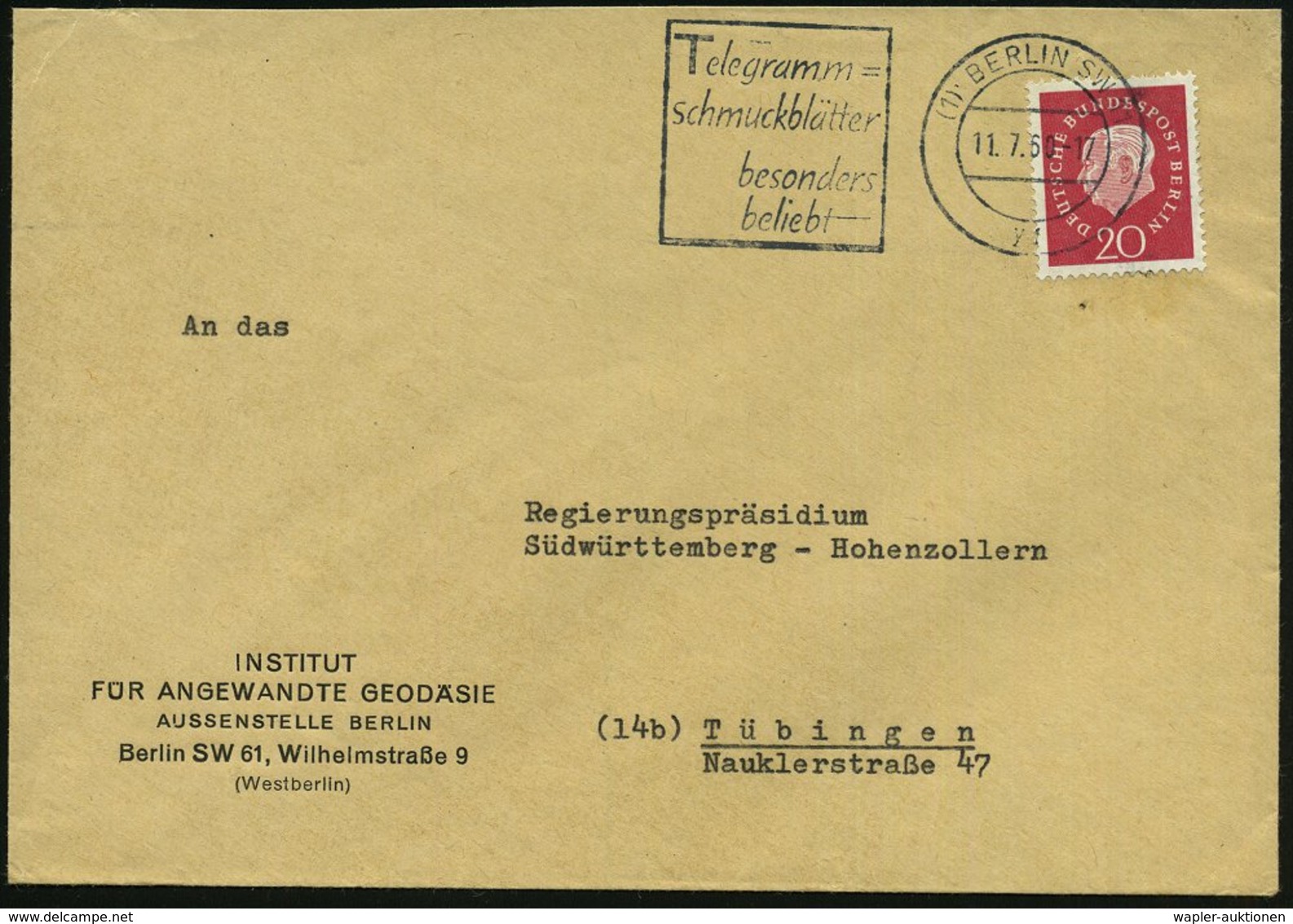 1960 (11.7.) Berlin SW 61, Vordruckbrief: INSTITUT FÜR ANGEWANDTE GEODÄSIE (Aussenstelle Berlin) Fern-Dienstbrief - Geog - Other & Unclassified