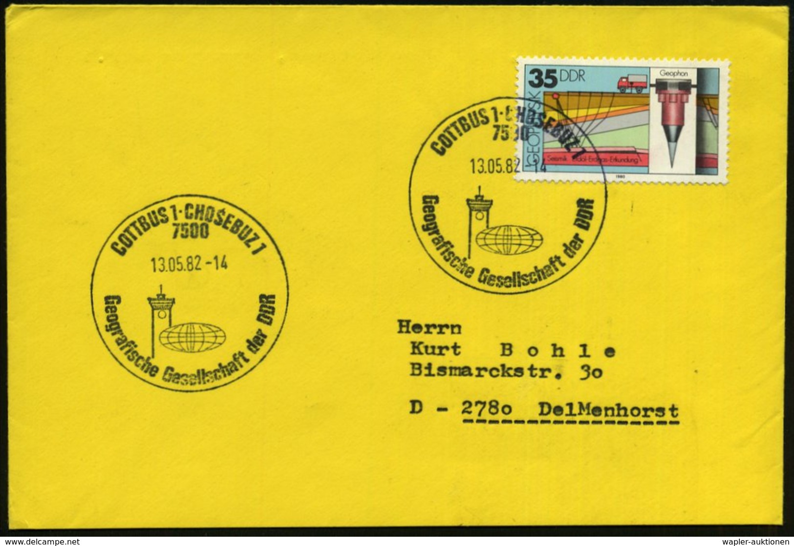 1982 (13.5.) 7500 COTTBUS 1- CHOSEBUZ 1, Sonderstempel: Geografische Gesellschaft Der DDR (Turm/ Globus) BRD-Karte (Mi.2 - Other & Unclassified