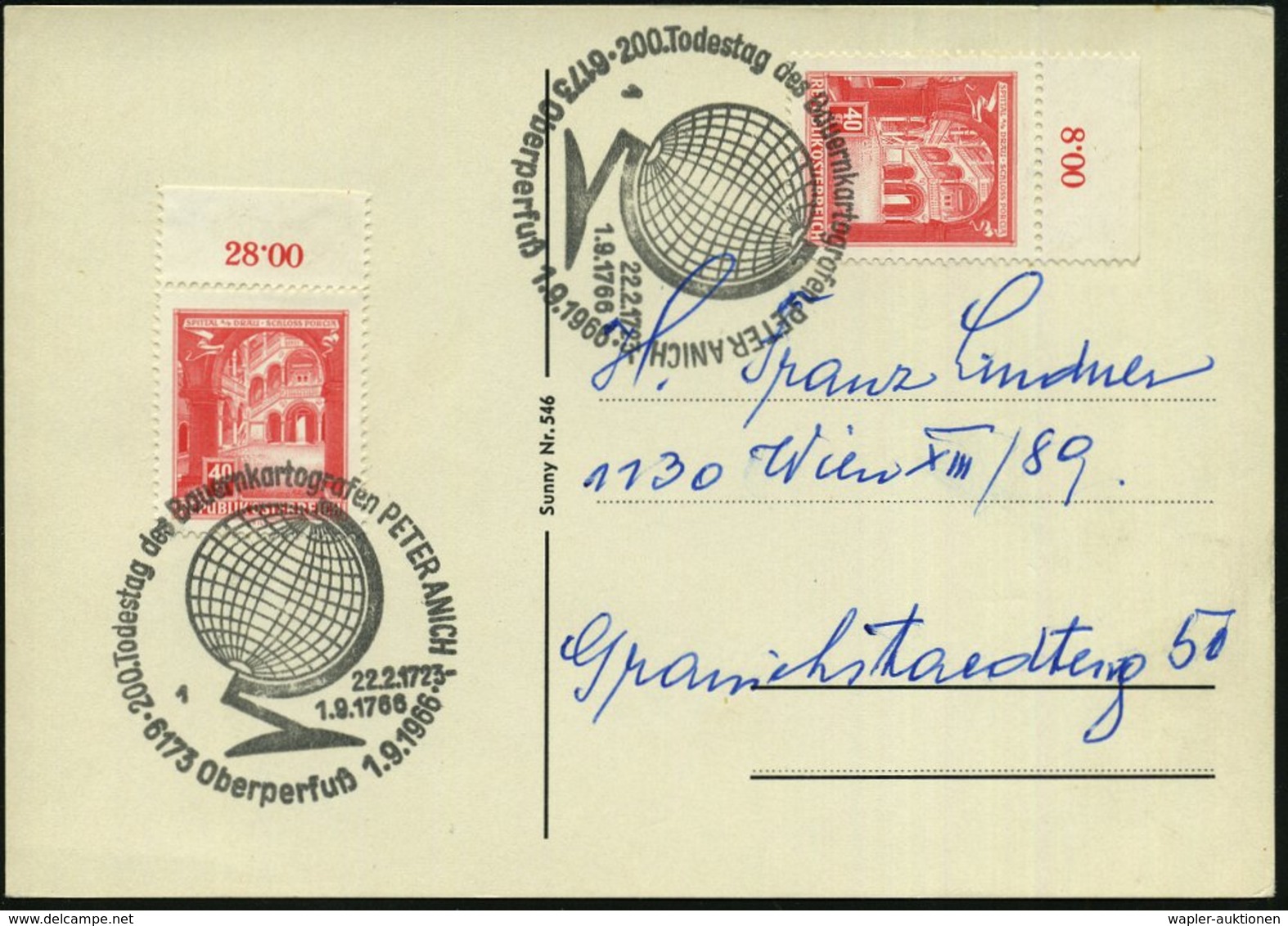 1966 (1.9.) ÖSTERREICH, Sonderstempel: 6173 Oberperfuß, 200. Todestog Des Bauernkartografen PETER ANICH (Globus) 2x Auf  - Other & Unclassified