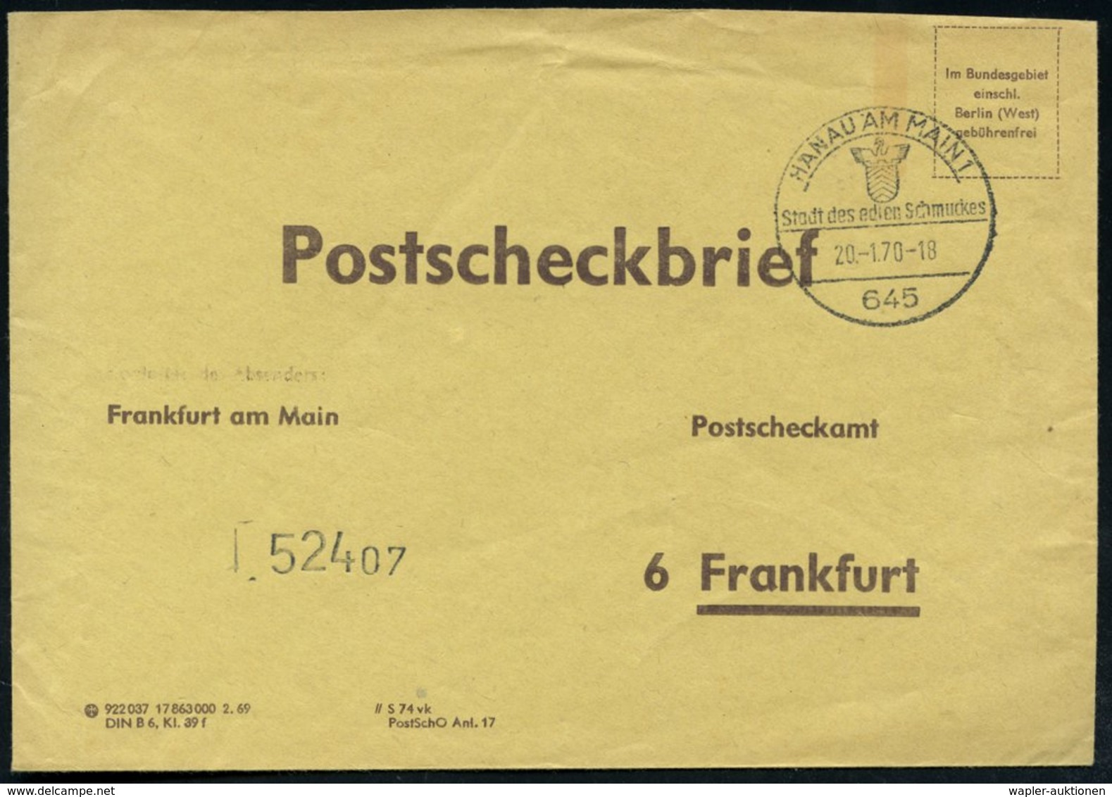 1970 645 HANAU AM MAIN 1, Handwerbestempel: Stadt Des Edlen Schmuckes (Wappen) Auf Portofreiem PSch-Brief (Bo.22) - Geol - Other & Unclassified