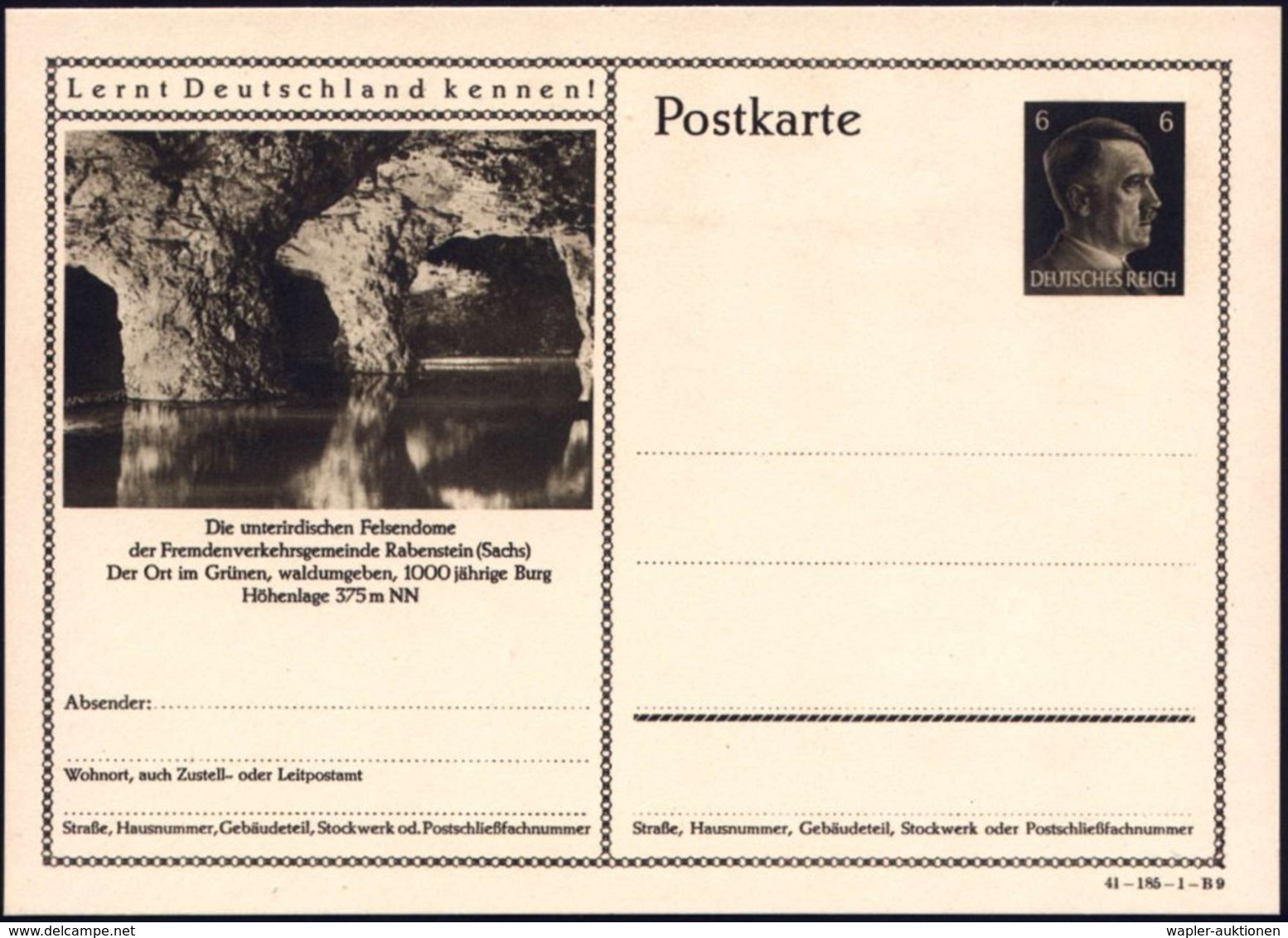 1941 Rabenstein (Sachs), 6 Pf. Bild-Ganzsache Hitler: Felsendome (Höhle) Mit Wasser, Ungebr. (Mi.P 304/41-185-B-Bild 9)  - Autres & Non Classés