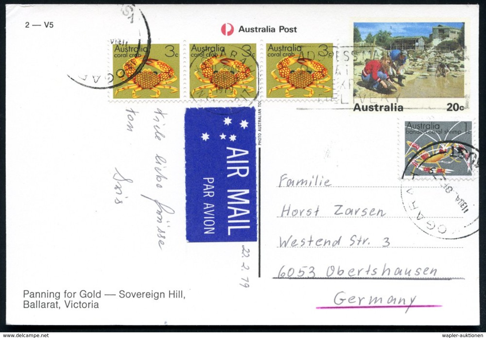 1979 Australien, 1979 20 C. Bild-Ganzsache: Goldsucher Bei Ballarat, Vic. + Zusatz-Frankatur, Übersee-Flugpostkarte - Go - Other & Unclassified