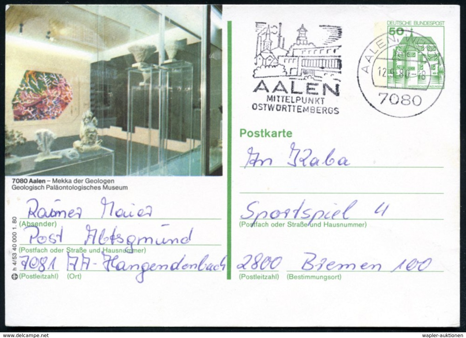 1980 7080 Aalen, 50 Pf. Bild-Ganzsache  Inzlingen:Geologisch-Paläontologisches Museum (Vitrinen Mit Versteinerungen Etc. - Other & Unclassified