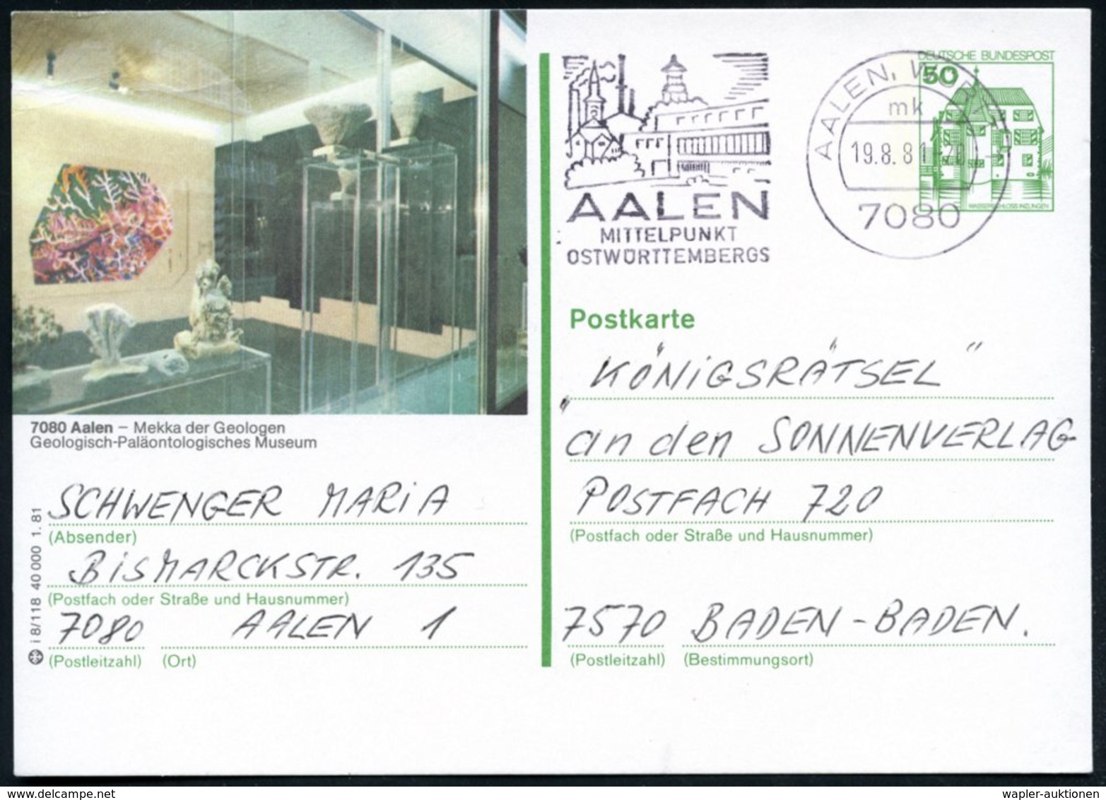 1981 7080 Aalen, 50 Pf. Bild-Ganzsache  Inzlingen: Geologisch-Paläontologisches Museum (Vitrinen Mit Versteinerungen Etc - Other & Unclassified