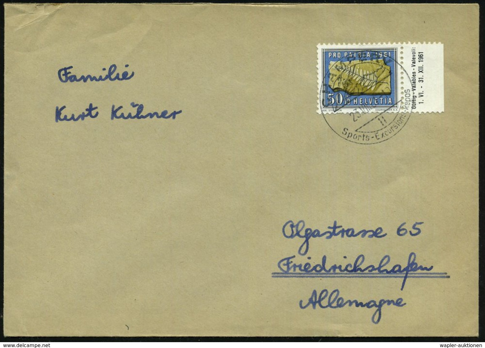 1961 (23.8.) SCHWEIZ, 50 + 10 C. Pro Juventute: Versteinerter Farn (Randstück) Ausl.-Brief (Mi.735 EF) - Paläontologie & - Other & Unclassified