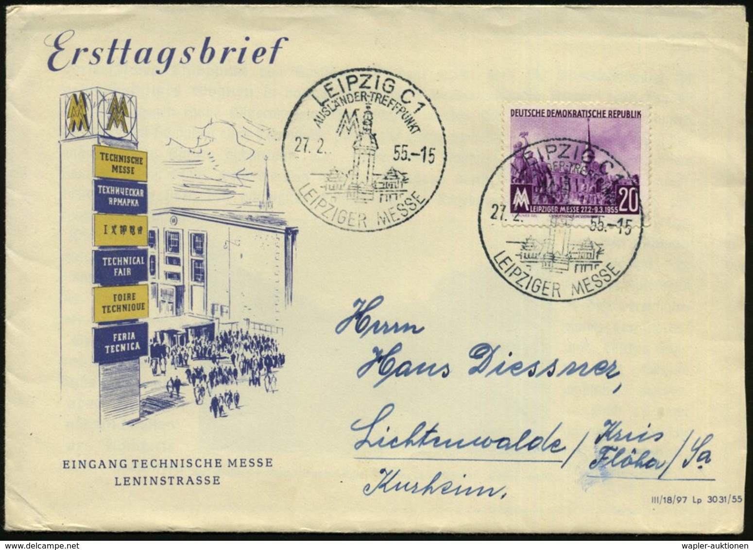 1955 (27.2.) LEIPZIG C 1, Sonderstempel: LEIPZIGER MESSE, AUSLÄNDERTREFFPUNKT (Turm) Auf 20 Pf. Leipz. Messe (Mi.447 EF) - Other & Unclassified