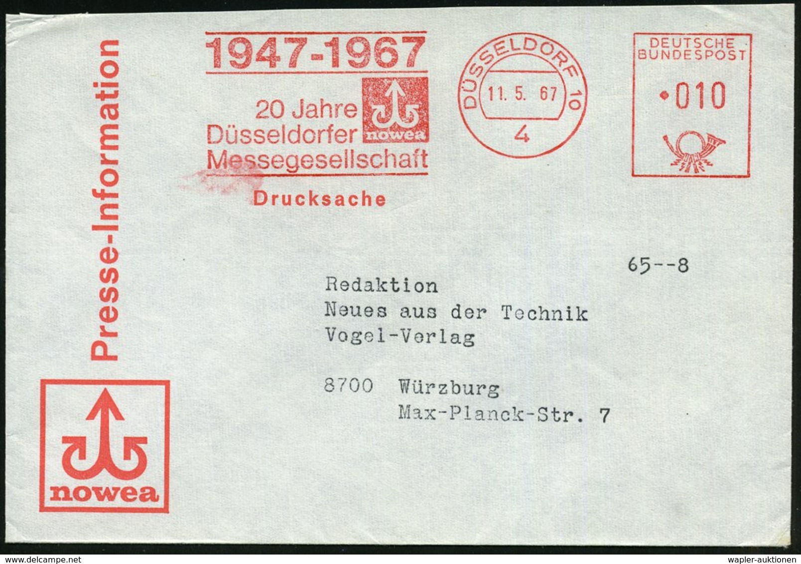 1967 (11.5.) 4 DÜSSELDORF 10, Absender-Freistempel: 20 Jahre Nowea Messegesellschaft (Logo) Auf Motivgleichem Messe-Umsc - Other & Unclassified