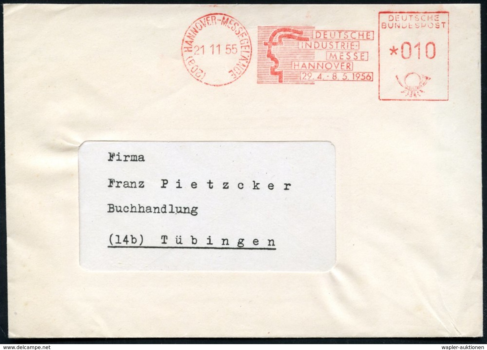 1955 (21.11.) (20 A) HANNOVER-MESSEGELÄNDE, Absender-Freistempel: DEUTSCHE INDUSTRIE-MESSE 29.4. - 8.5. 1956 (Merkurkopf - Other & Unclassified