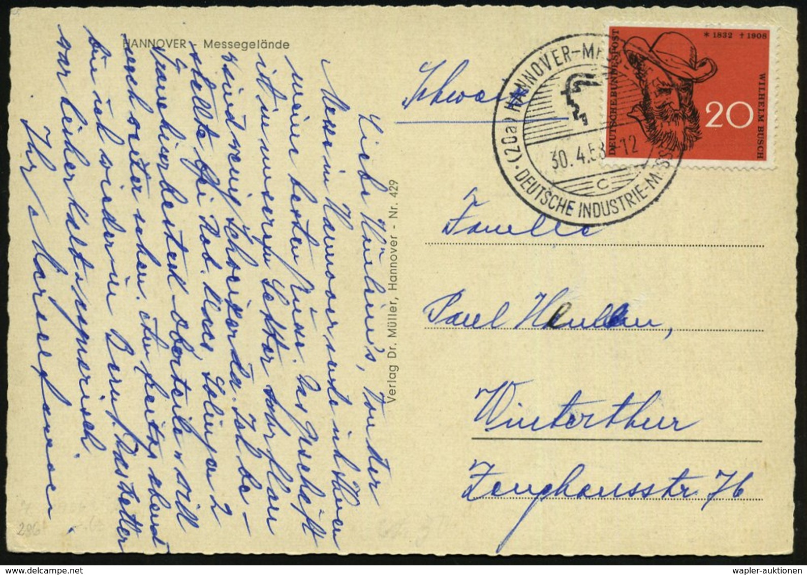 1958 (30.4.) (20 A) HANNOVER-MESSEGELÄNDE, Sonderstempel: DEUTSCHE INDUSTRIE-MESSE (Merkurkopf-Profil) = Hauspostamt Mes - Other & Unclassified