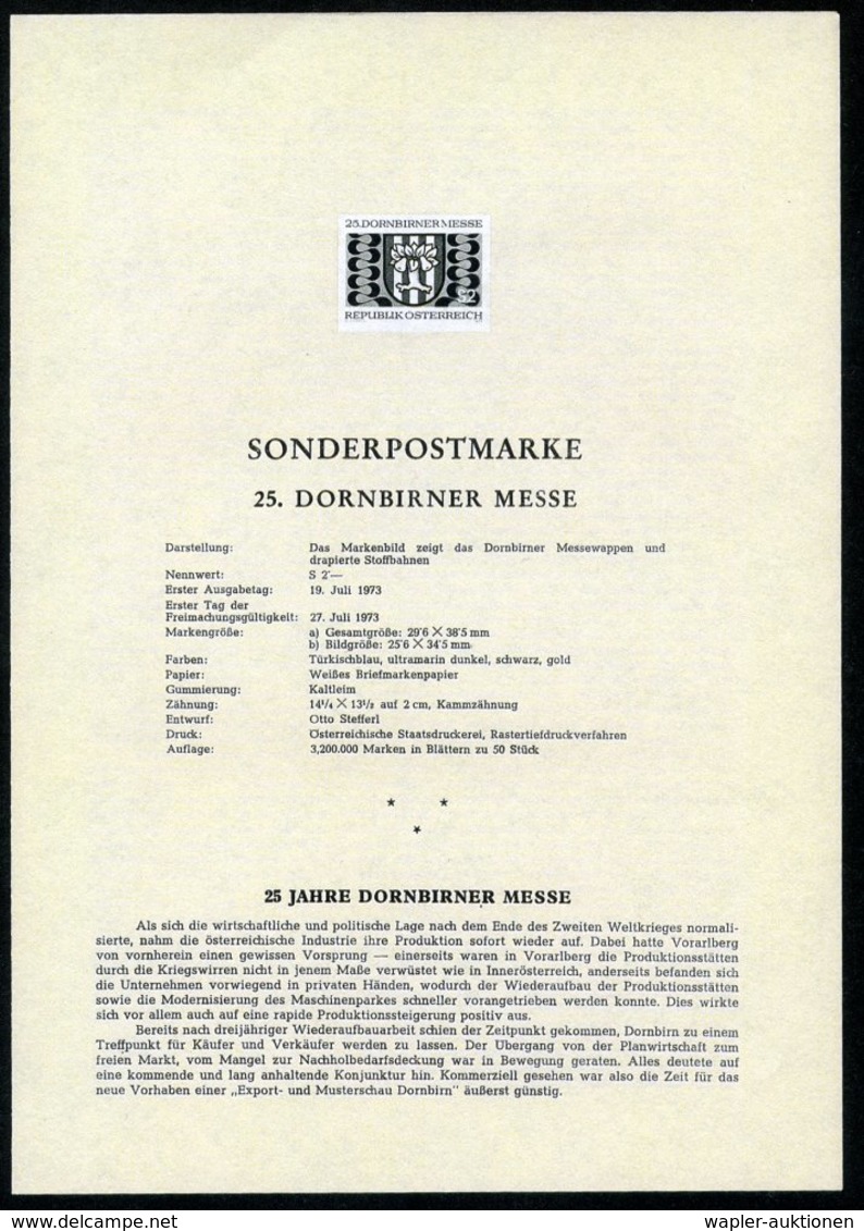 1973 ÖSTERREICH, 2 S. "Dornbirner Messe", Ungez. Schwarzdruck Auf Amtl. Ankündigungsblatt Der Staatsdruckerei (Mi.1417 U - Other & Unclassified