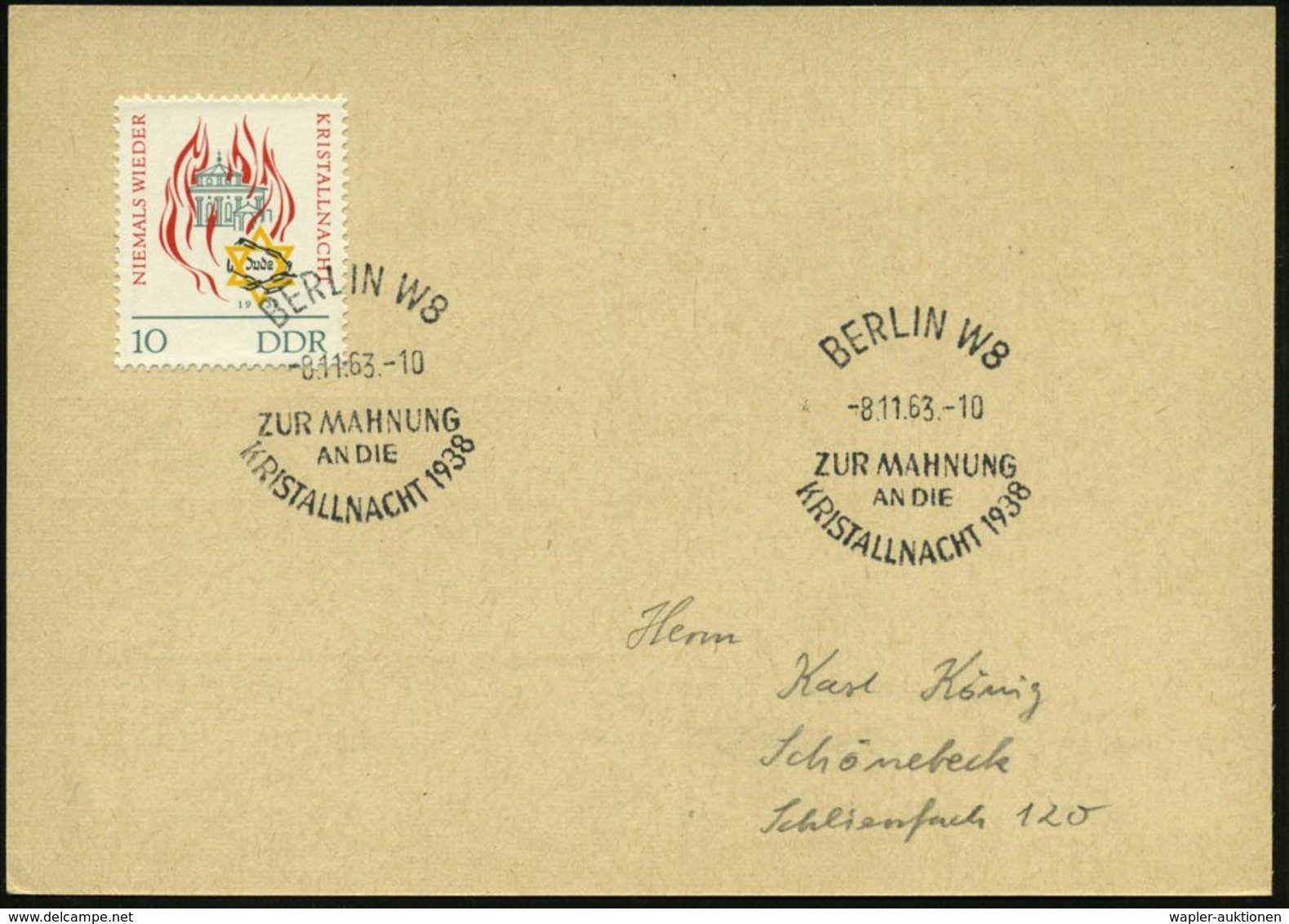 1963 (8.11.) BERLIN W 8, Sonderstempel: KRISTALLNACHT 1938 Auf Passender Frankatur 10 Pf. (Mi.997 EF) Inl.-Karte (Bo.120 - Other & Unclassified