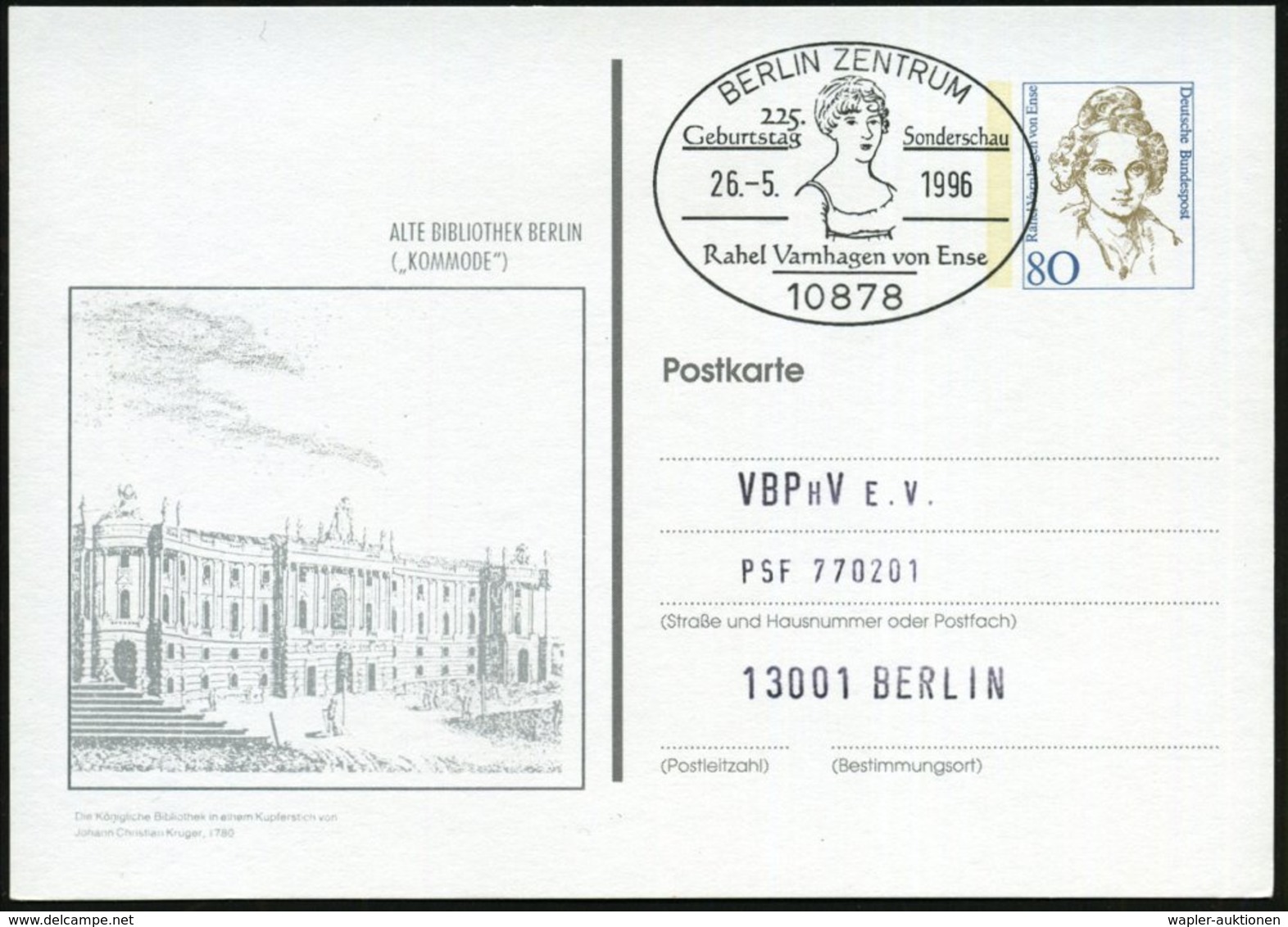 1996 (26.5.) 10878 BERLIN ZENTRUM, Sonderstempel: 225. Geburtstag Rahel Varnhagen Von Ense (Brustbild) Auf Passender PP  - Other & Unclassified